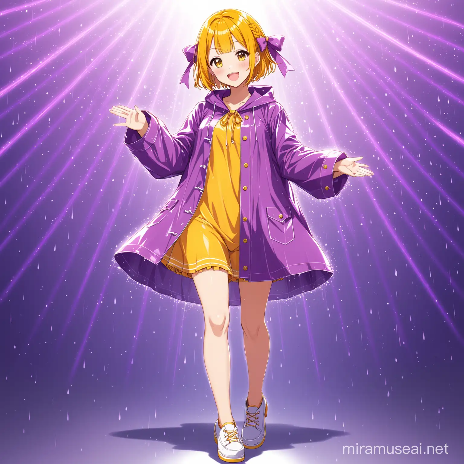 Cheerful Anime Girl in Marigold Hair and Purple Raincoat Idolizes in Solo Pose