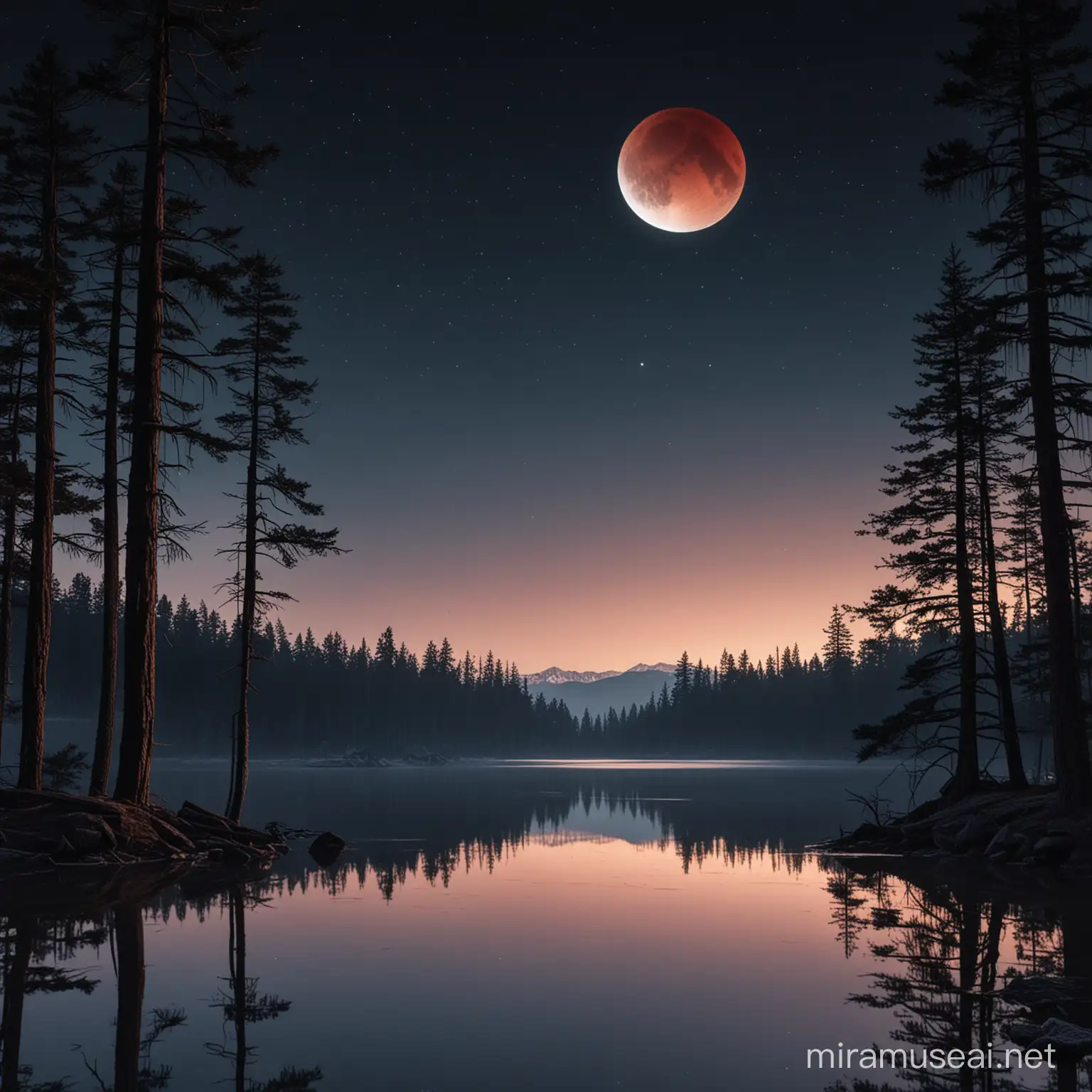 lunar eclipse with scene of lake and pine trees
