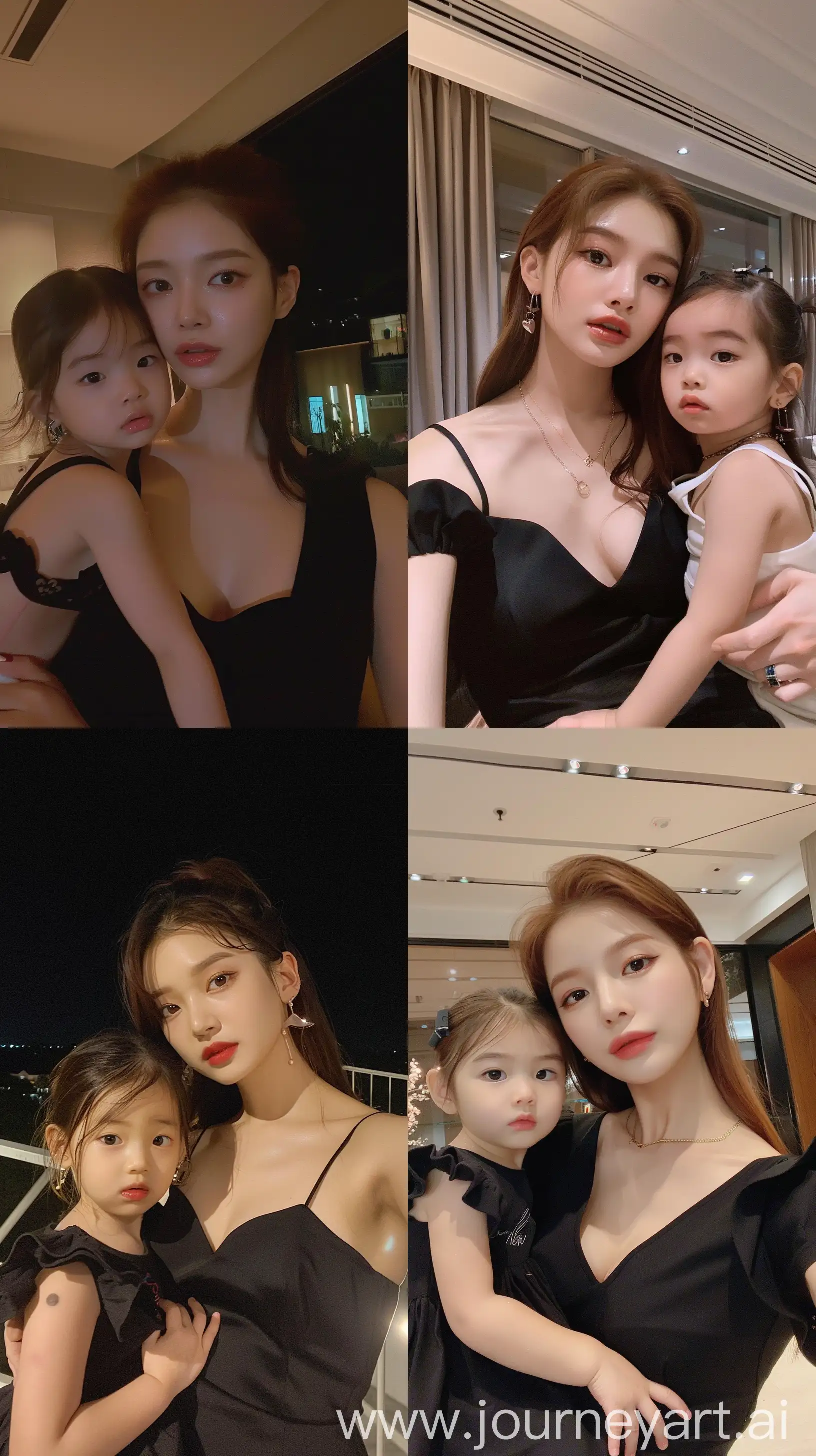 blackpink's jennie selfie with 2 years old  girl, facial feature look a like blackpink's jennie, aestethic selfie, wearing black dress, night times, aestethic make up,hotly elegant young mom, casual simple look --ar 9:16 