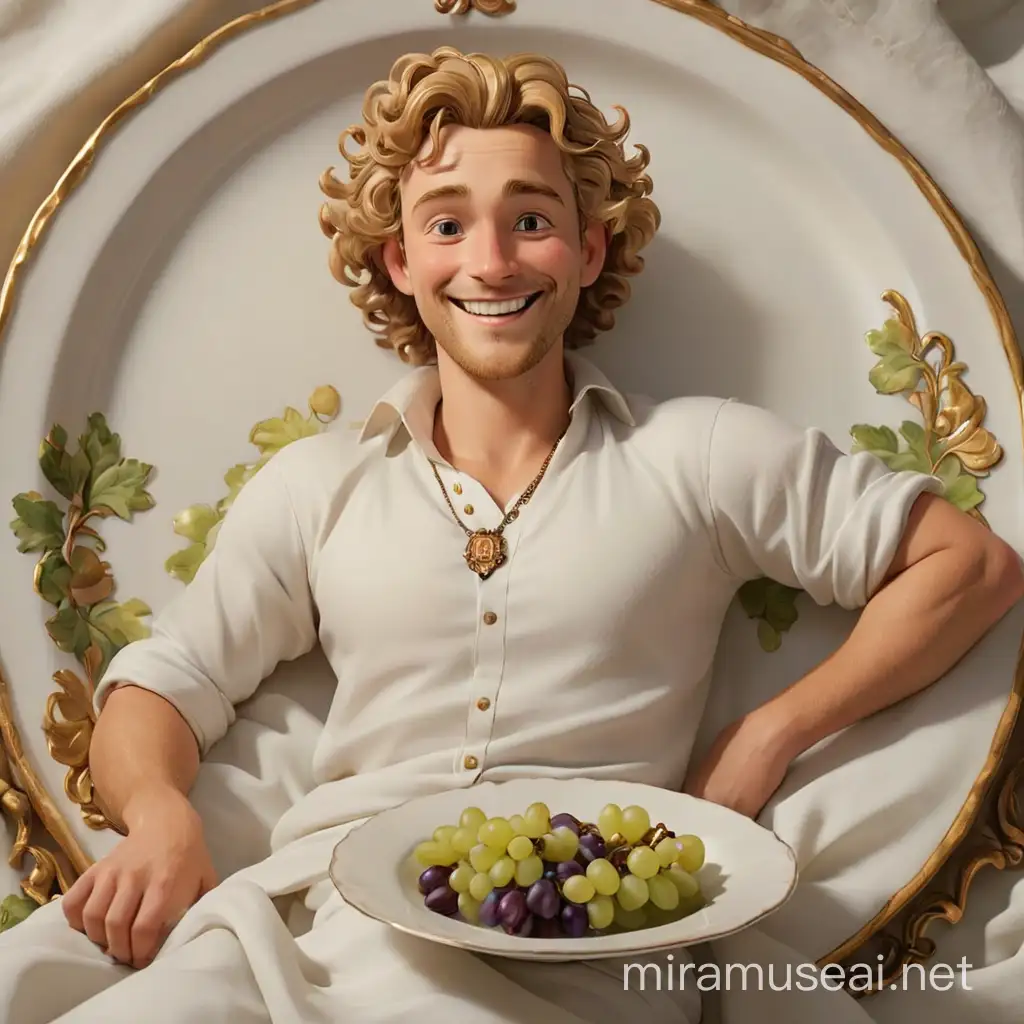 An antique pendant with a picture of a man in his 30th inside it, he is smiling, he has curly blond hair, he is lying on white sheets next to a dish of grapes. WE see him full-length, with arms and legs. In the style of 3d animation, realism.