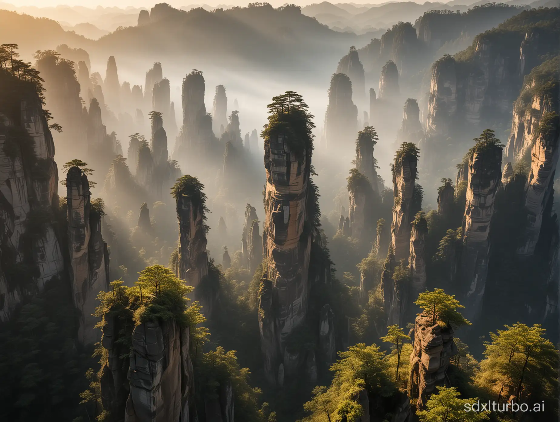 Majestic-Karst-Formations-at-Golden-Hour-Aerial-View-of-Ethereal-Mountain-Landscape
