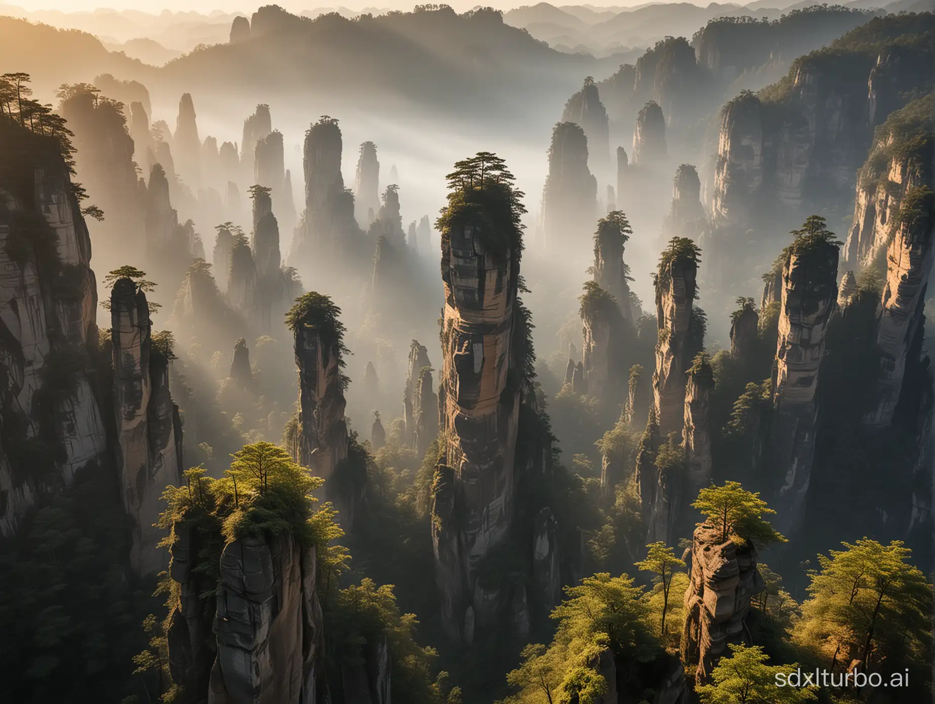 Majestic Karst Formations at Golden Hour Aerial View of Ethereal Mountain  Landscape | SDXL Free Online