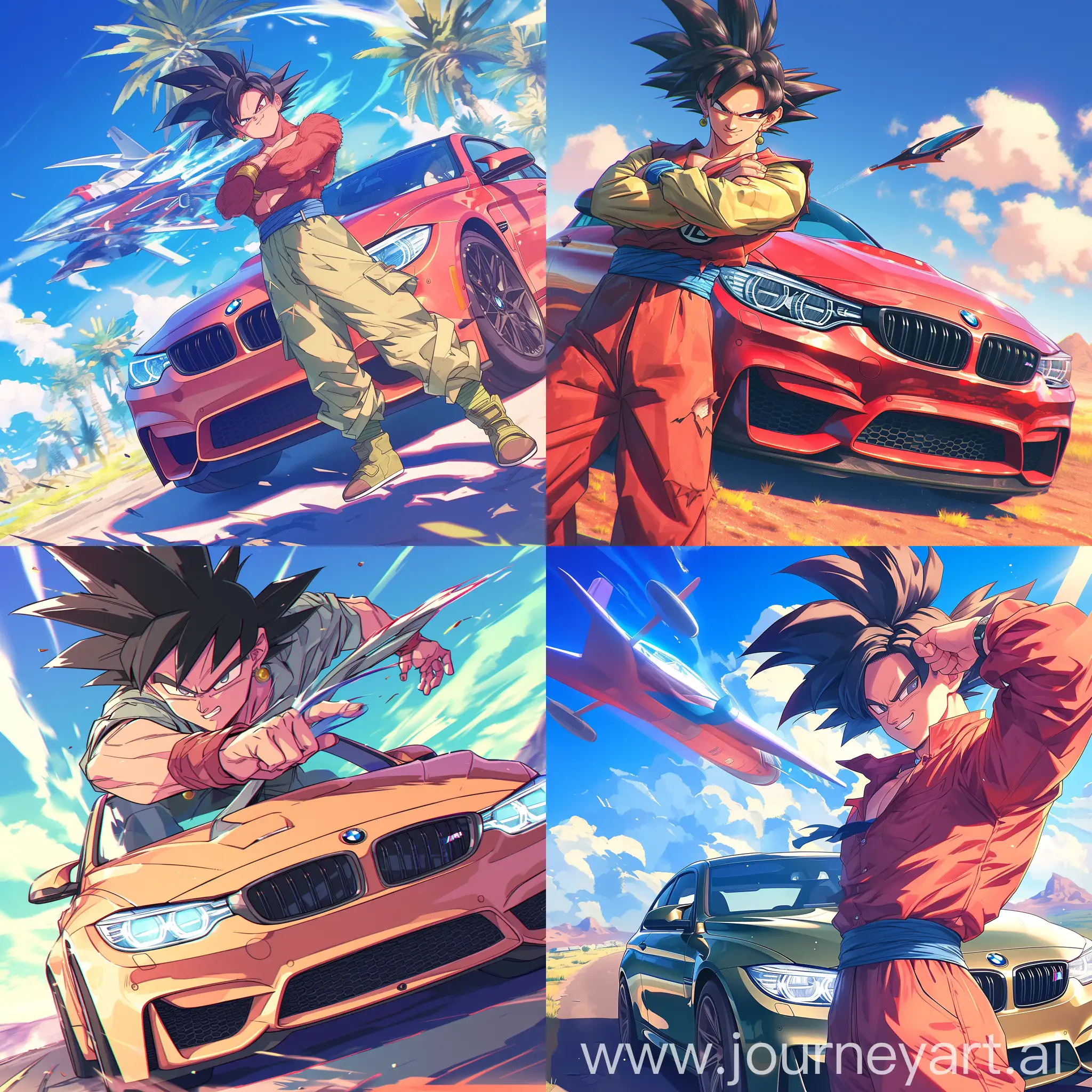 Long shot of Dragon Ball's Goku dynamic posing with BMW M4, vibrant colors, energy aura visible, clear sunny day, Dragon Ball Z era, epic and playful atmosphere, high-resolution, detailed artwork by Akira Toriyama --ar 1:1 --s 750 --niji 6