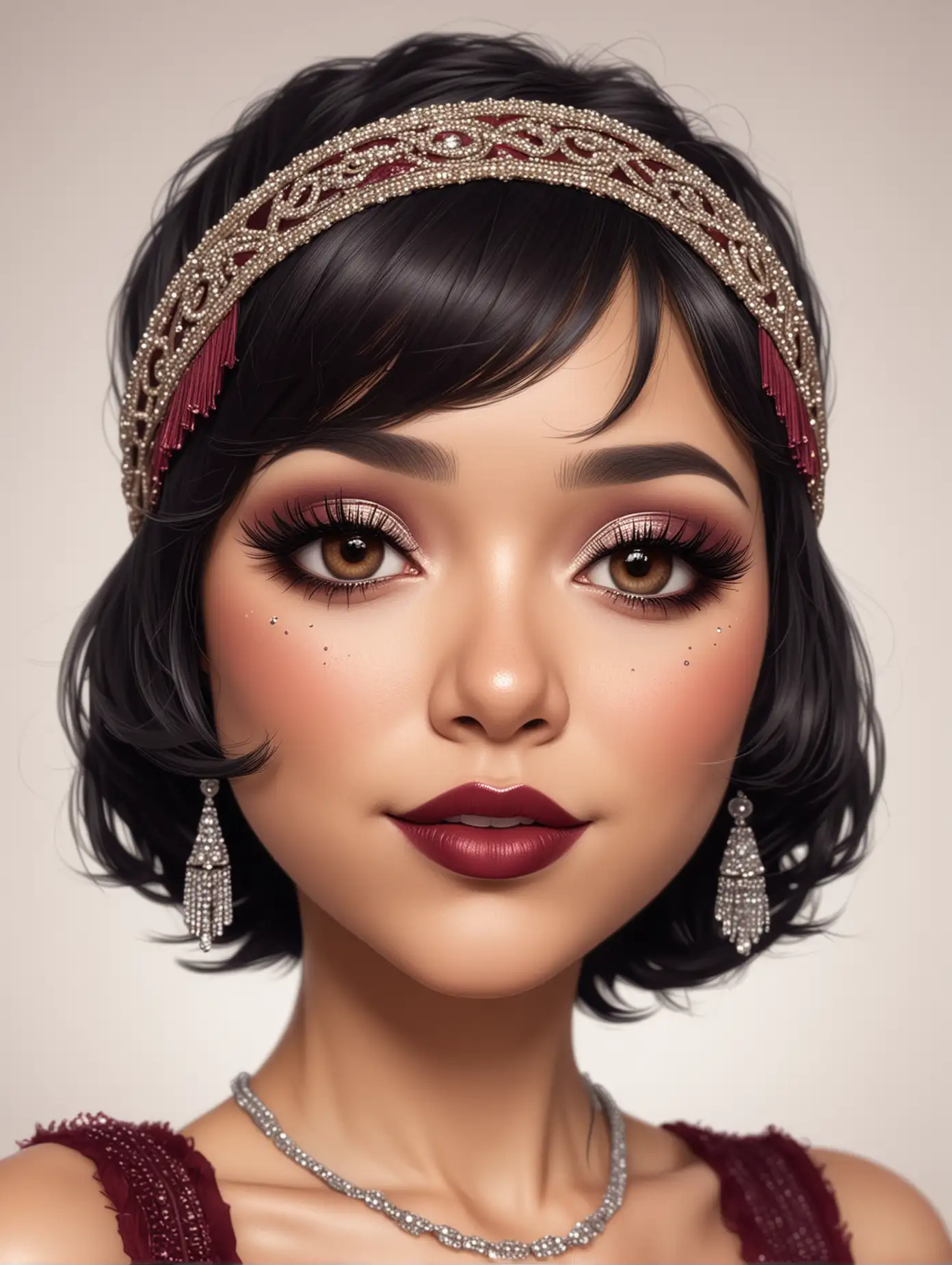 A realistic illustration of a beautiful grown-up latina woman, chibi style,  with light skin, dressed as a 1920s flapper, black and burgundy outfit, white background , shimmering make up, long lashes, beautiful 