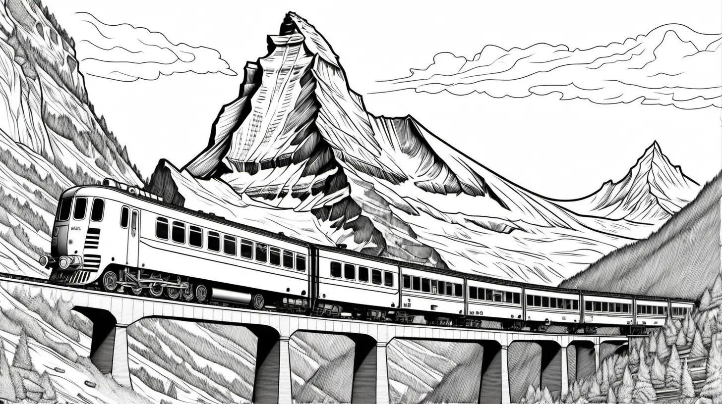 low detail coloring page of the Matterhorn with a train in the foreground 