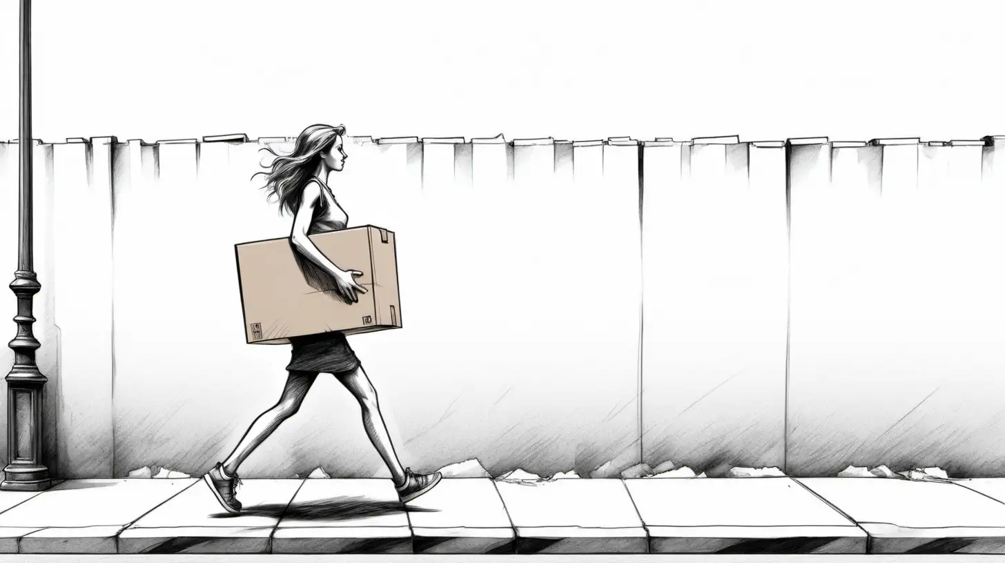 Young Woman Walking Sidewalk with Box in Sketch Style