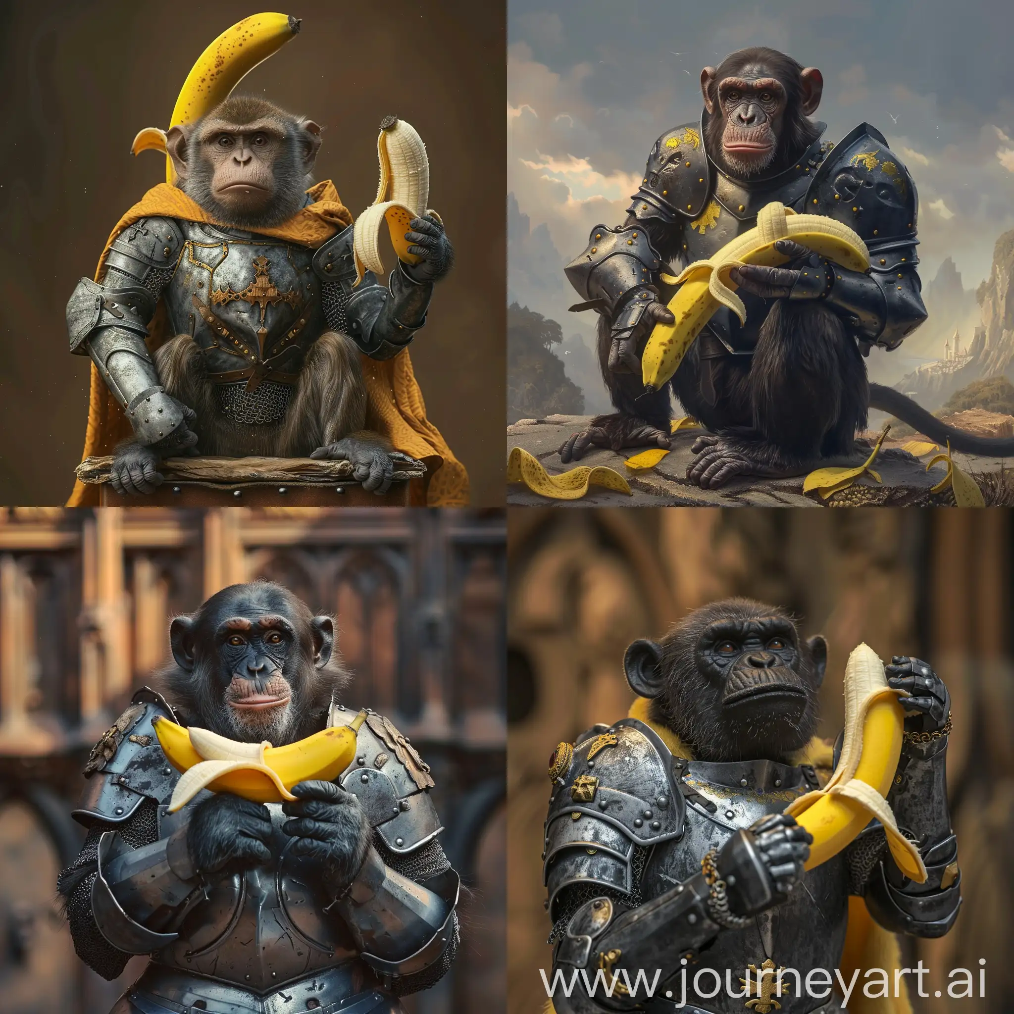 Обезьяна посвящает в банан в доспехах в рыцари, обезьяна посвящает банан в доспехах