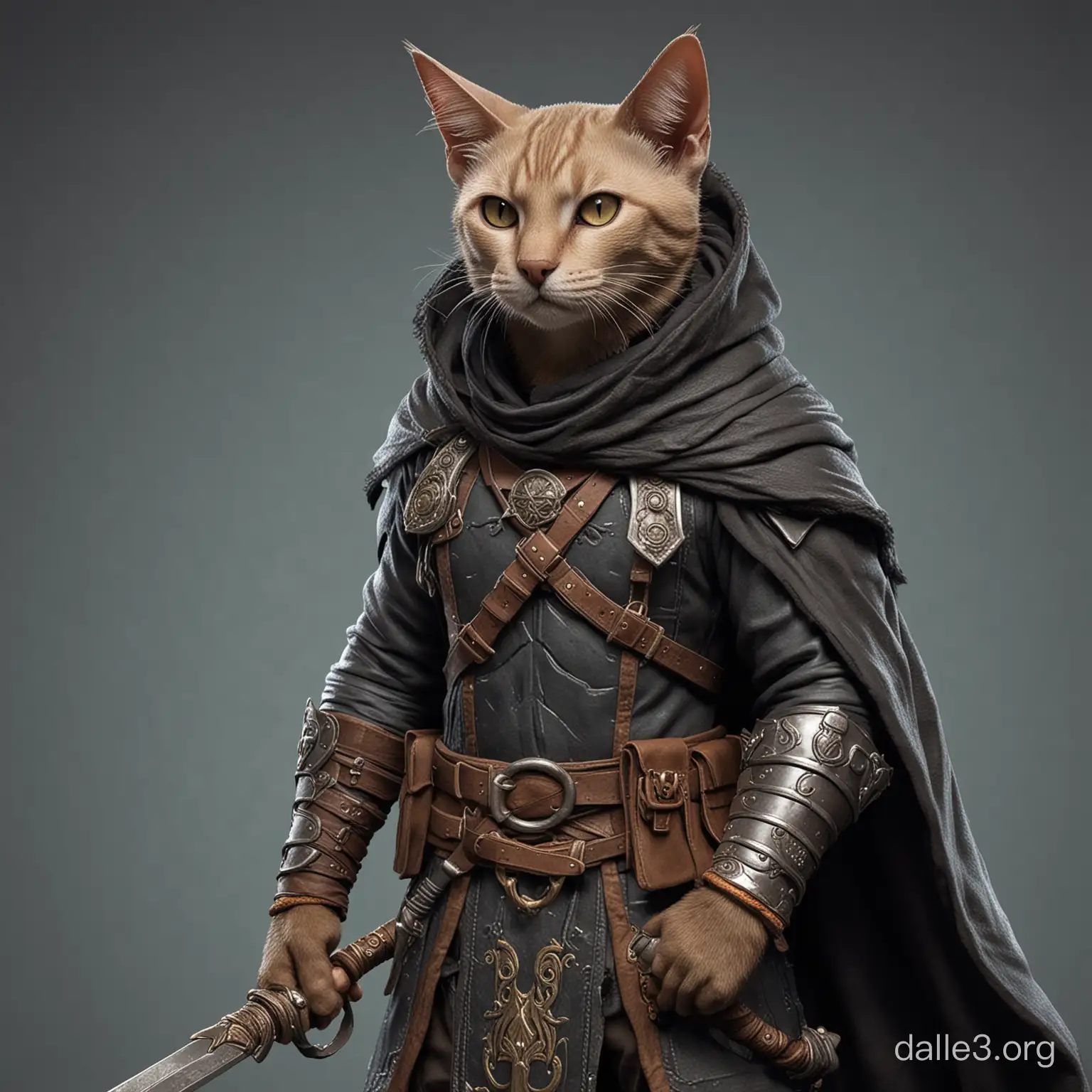 Catfolk barbarian holding a claymore. Inspired by an oriental cat. Wearing adventuring gear and the cloak's hood is down. Fantasy style. High detail. Fur showing, not skin. Very strong and with a bold stance.