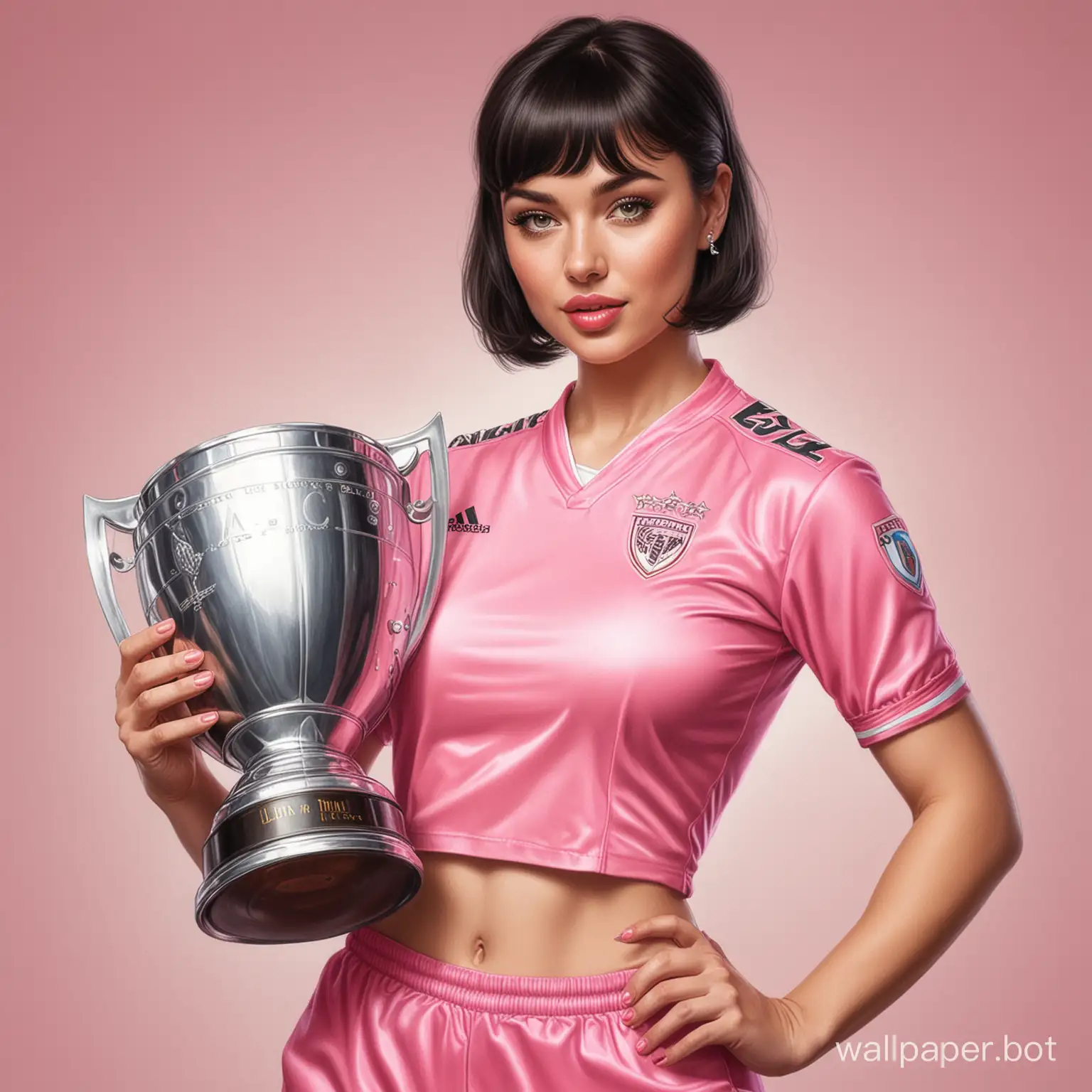 Sketch  Alina Lanina   25 years old dark short hair with bangs    7th breast size  narrow waist  in pink  football uniform, holding a large Champions Cup  on a white background   highly realistic drawing with colored pencil  pinup