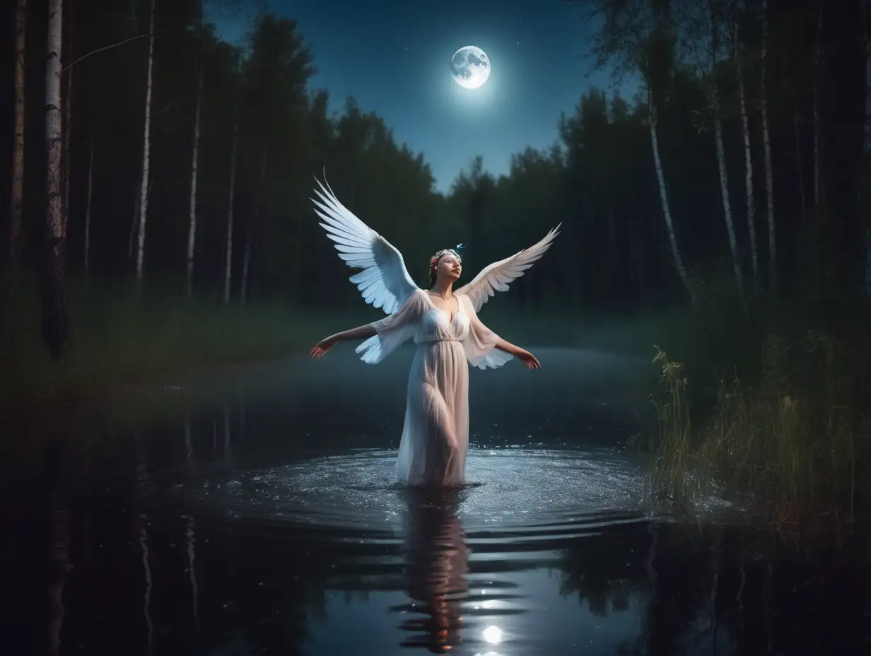 птица с   с головой русской женщины в русском лесу идет по воде расправив крылья ночью луна лунная дорожка