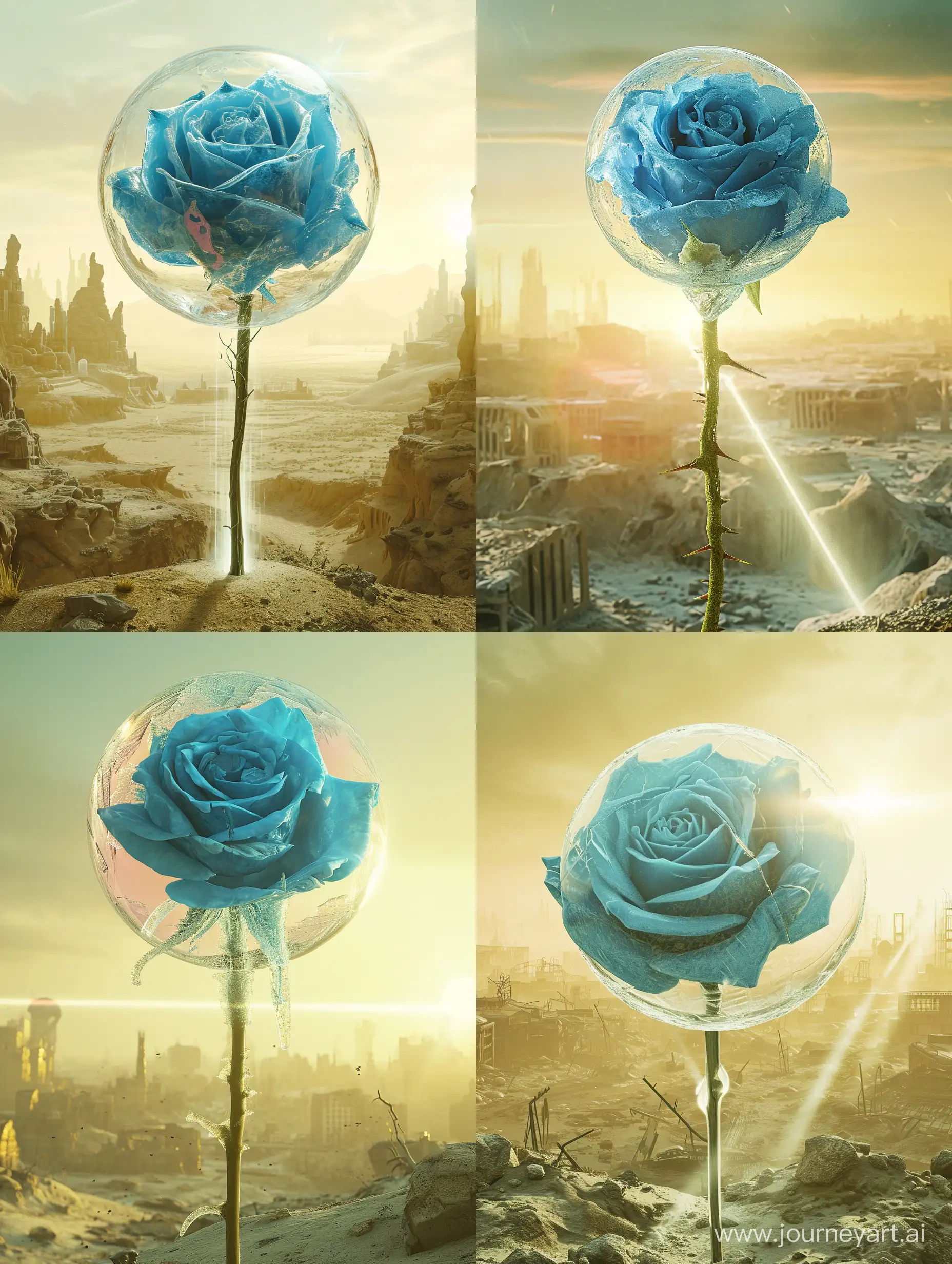 very detailed frozen blue rose with stem closed fully in glass sphere. Under sphere there is light beam facing it

location: landscape of post apocalyptic city
colors: warm and yellowish
style: realistic
