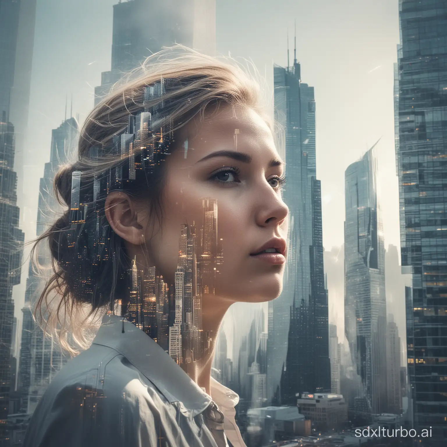 Double-Exposure-Portrait-of-a-Radiant-Woman-with-Urban-Skyline