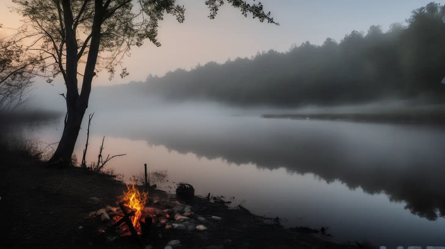 Misty Evening by the Riverside Campfire