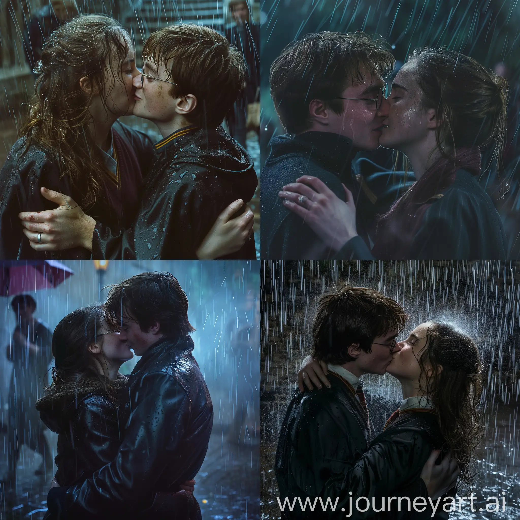 Harry Potter kisses Hermione in the rain, they hug, extremely realistic, 8k