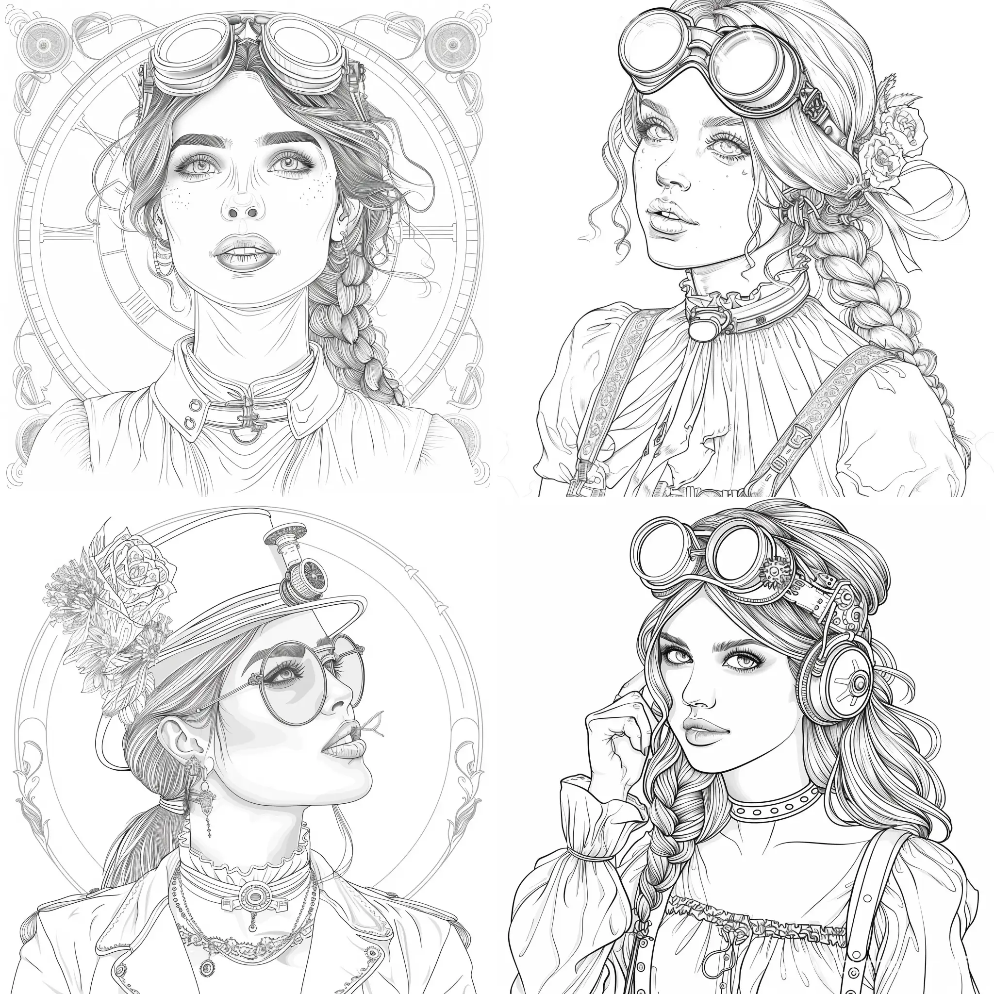 Coloring page , steampunk, beautiful girl , clean Line art, white background, fine line art--v 6.0