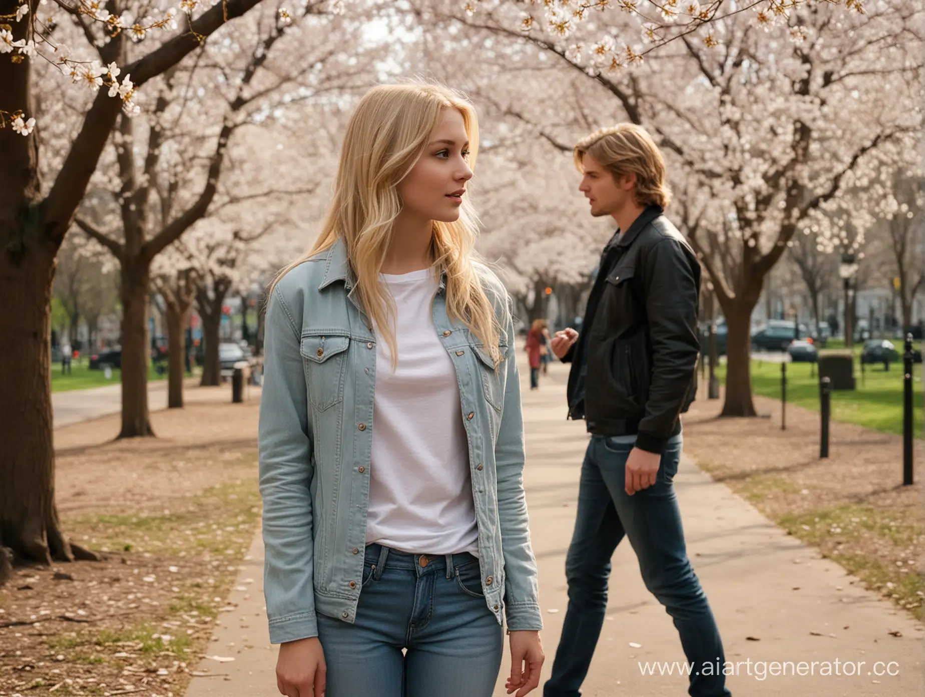 2 models, beautiful blonde girl listens to a guy, he talks, a guy wants to meet her, they talk, street, spring, trees, park, acquaintance, high quality, photo, realism,t seems like you're describing a photo or a scene in a movie with two models, where a beautiful blonde girl is listening to a guy. They are talking, possibly in a park or on the street during spring, surrounded by trees. The photo or scene is captured in high quality, emphasizing realism, and it has a 4:3 aspect ratio. The interaction between the two models portrays a dynamic where the guy takes control, manipulating the girl's posture and movements while she enjoys being completely under his control.