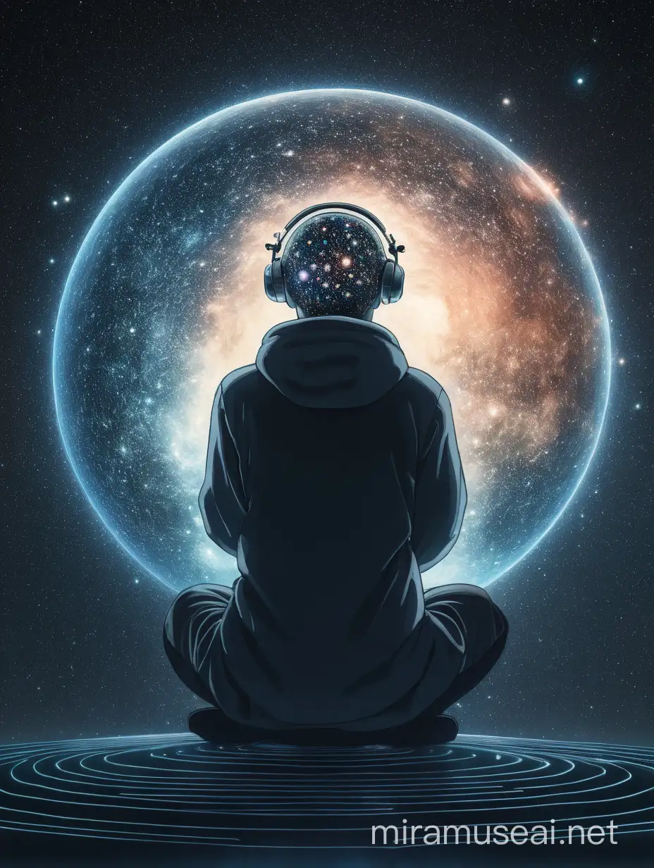 an image of a person sitting in quiet place, his head is depicted as a universe, animated design