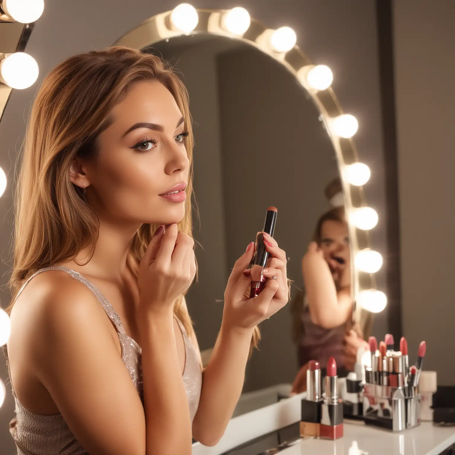 woman mid 30 light brown hair with highlights looking in the mirror fixing her lipstick getting ready to go out, lifestyle pose, great lighting 