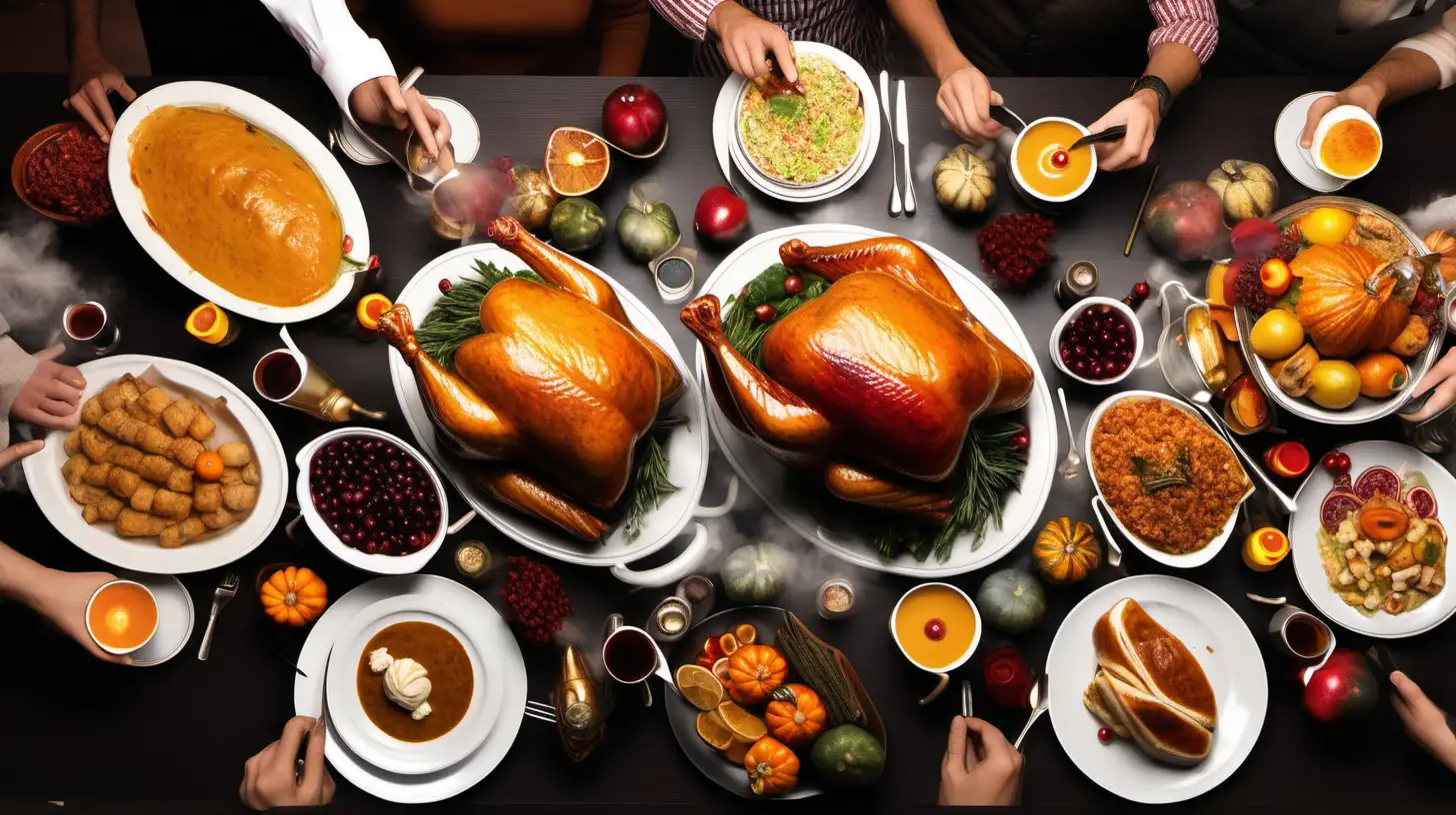 Delicious Thanksgiving Feast with Steamy Hot Food and Drinks
