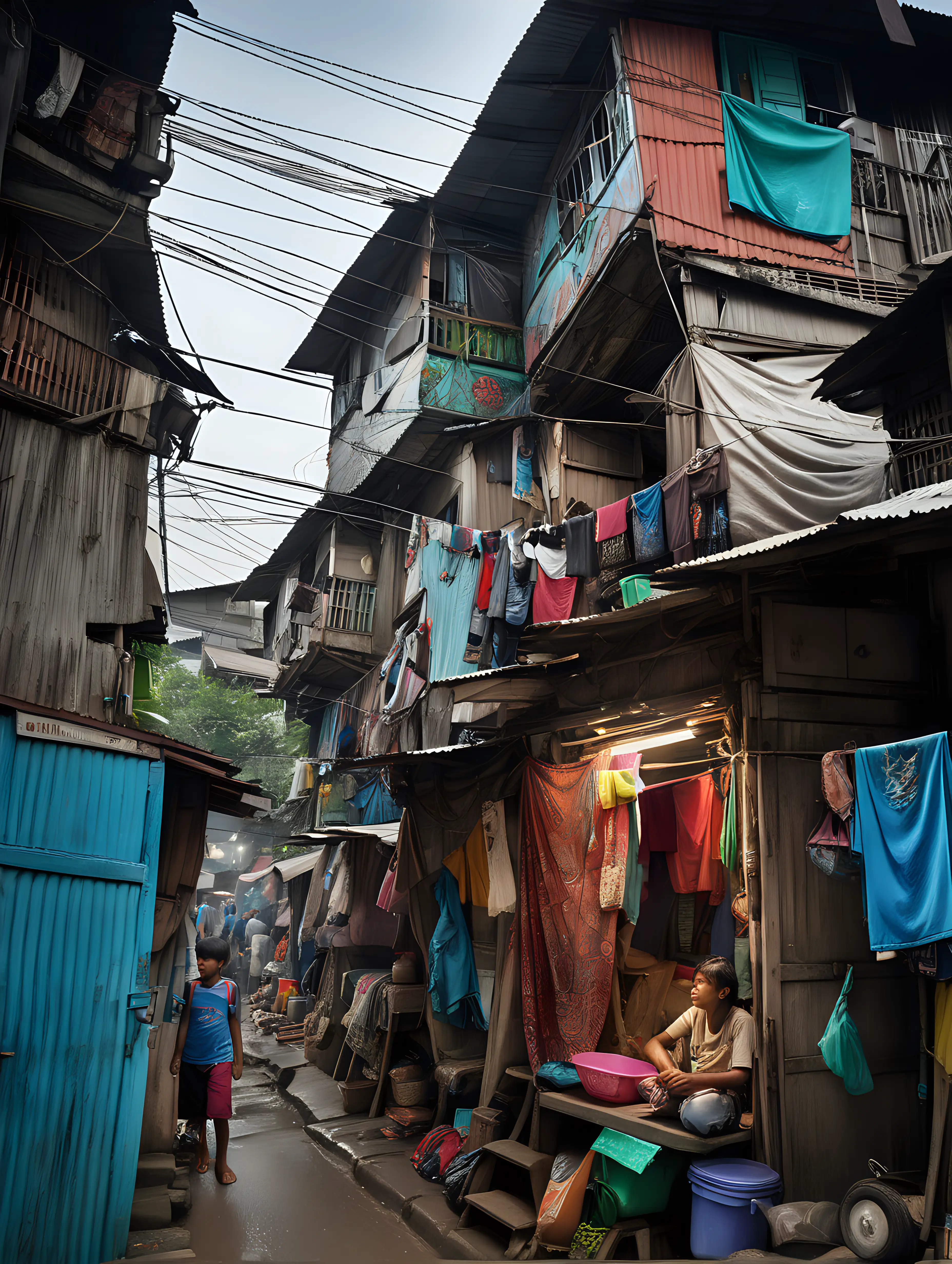 (cinematic lighting), In the bustling urban fabric of Jakarta, Indonesia, a slum squatter house emerges as a poignant testament to the complexities of city life. Narrow alleyways wind through a labyrinth of makeshift dwellings, constructed from salvaged materials. The structures, cramped yet resilient, lean against one another, forming a patchwork of humble abodes.

Colorful laundry hangs between the closely packed houses, adding a vivid contrast to the weathered facades. Wires crisscross above, creating an intricate network of makeshift connections. The scent of street food and the sounds of everyday life permeate the air, creating an atmosphere that is both vibrant and challenging.

Amidst the limited resources, the spirit of community prevails. Despite the challenging living conditions, the inhabitants find ways to bring a sense of vibrancy to their surroundings. The slum squatter house in Jakarta becomes a reflection of the resilient spirit of those who call it home, navigating life in the heart of this bustling Indonesian metropolis, intricate details, hyper realistic photography --v 5, unreal engine 