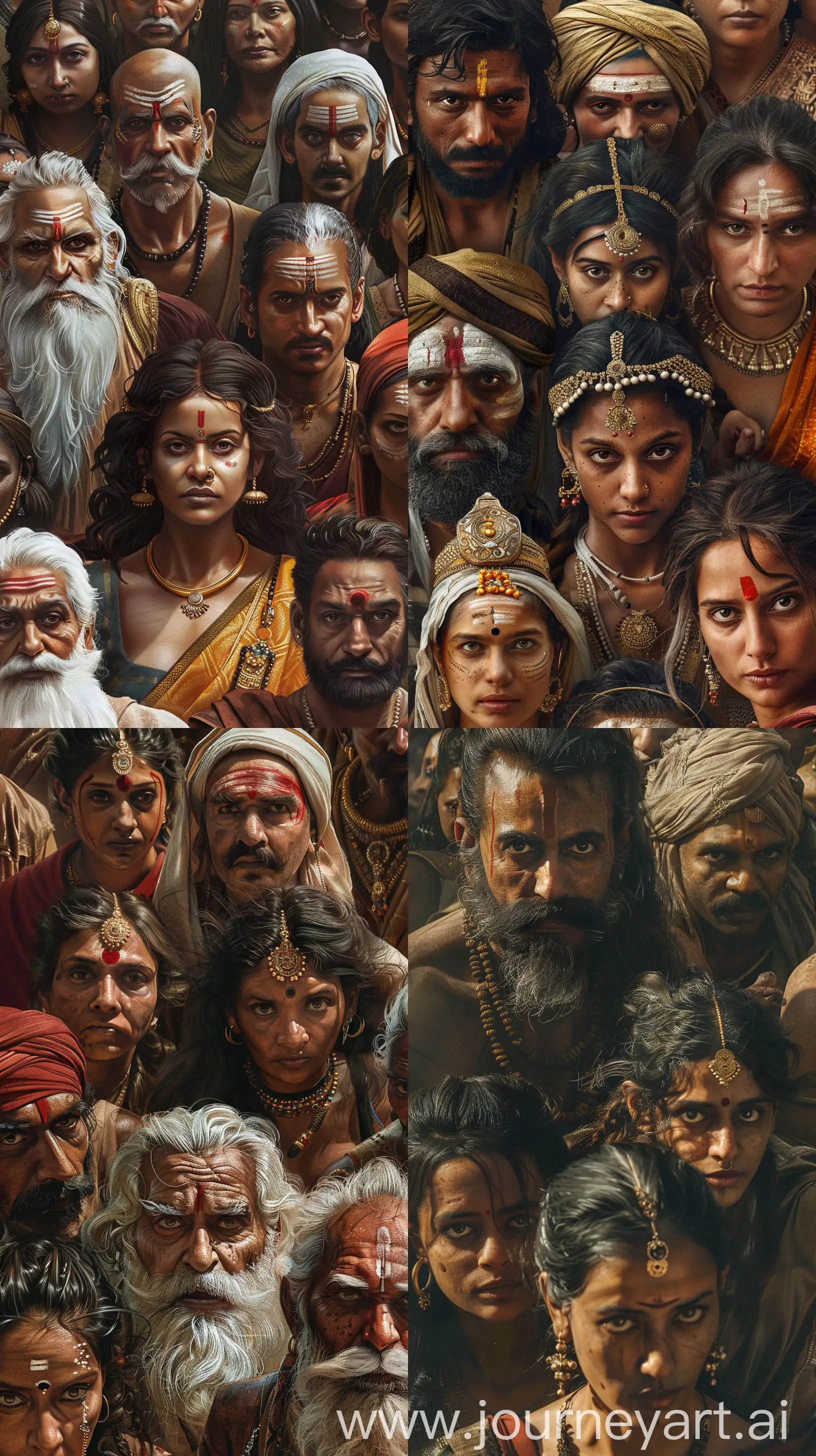 Group of Indian people from ancient times, curious looks on their faces, intricate details, 8k quality images --ar 9:16