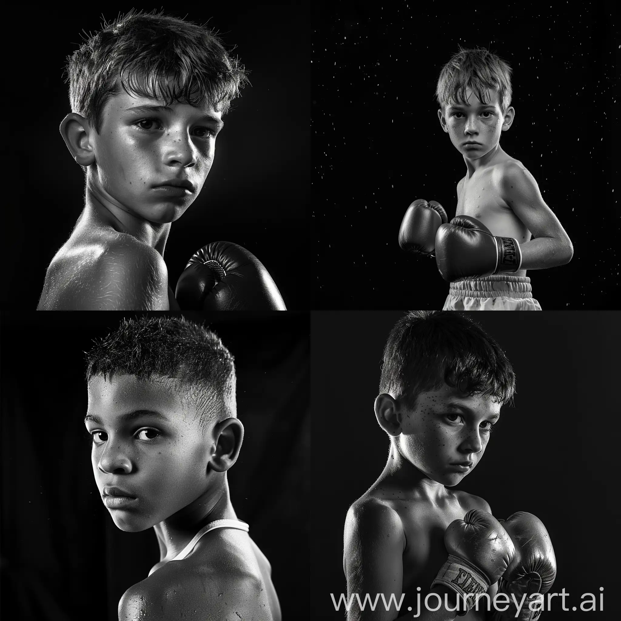 imagen 1:1 en blanco y negro de chico joven boxeador con fondo negro
