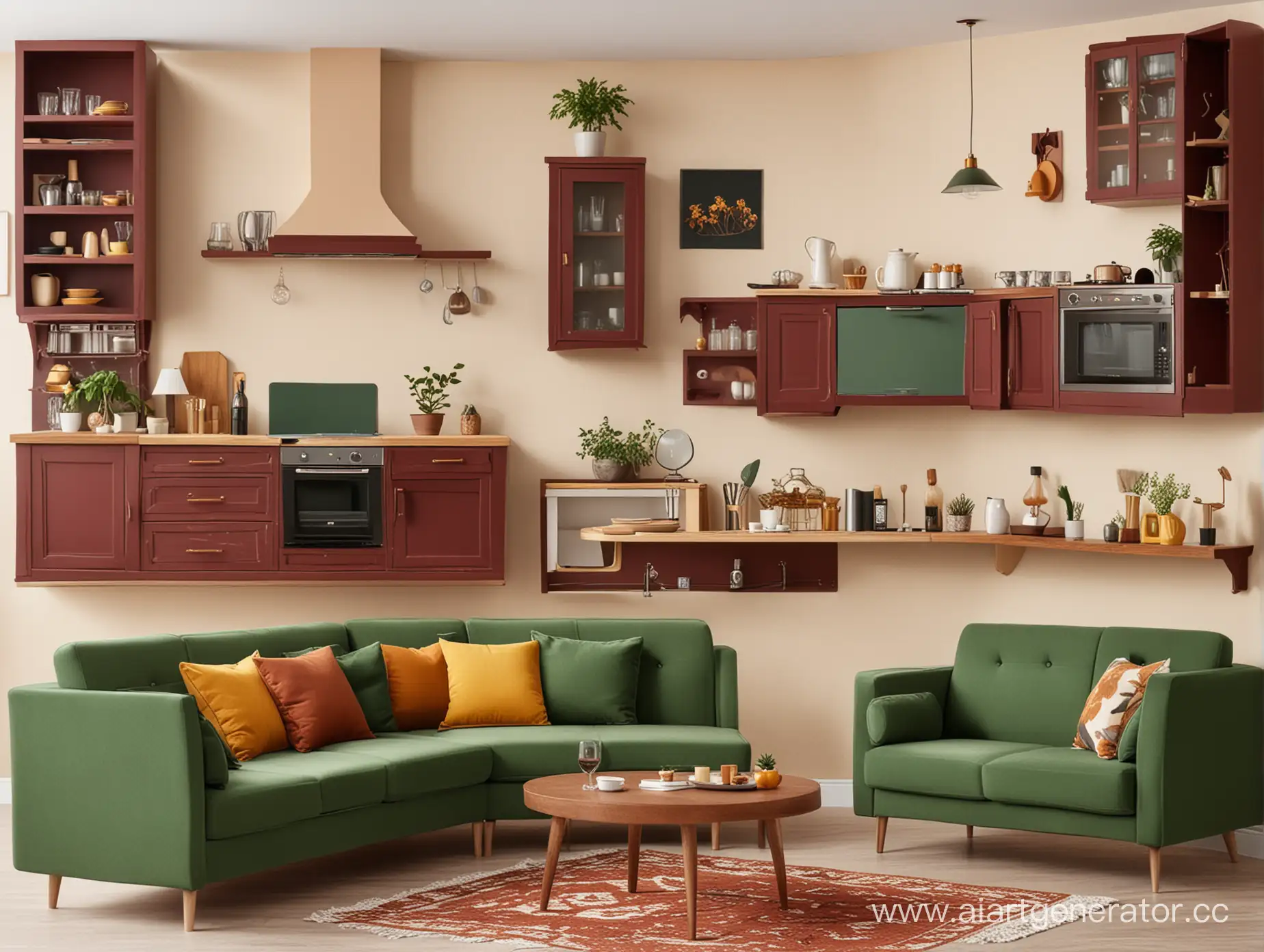 Cozy-Living-Room-and-Kitchen-Collage-in-Burgundy-Dark-Green-and-Ocher-Tones