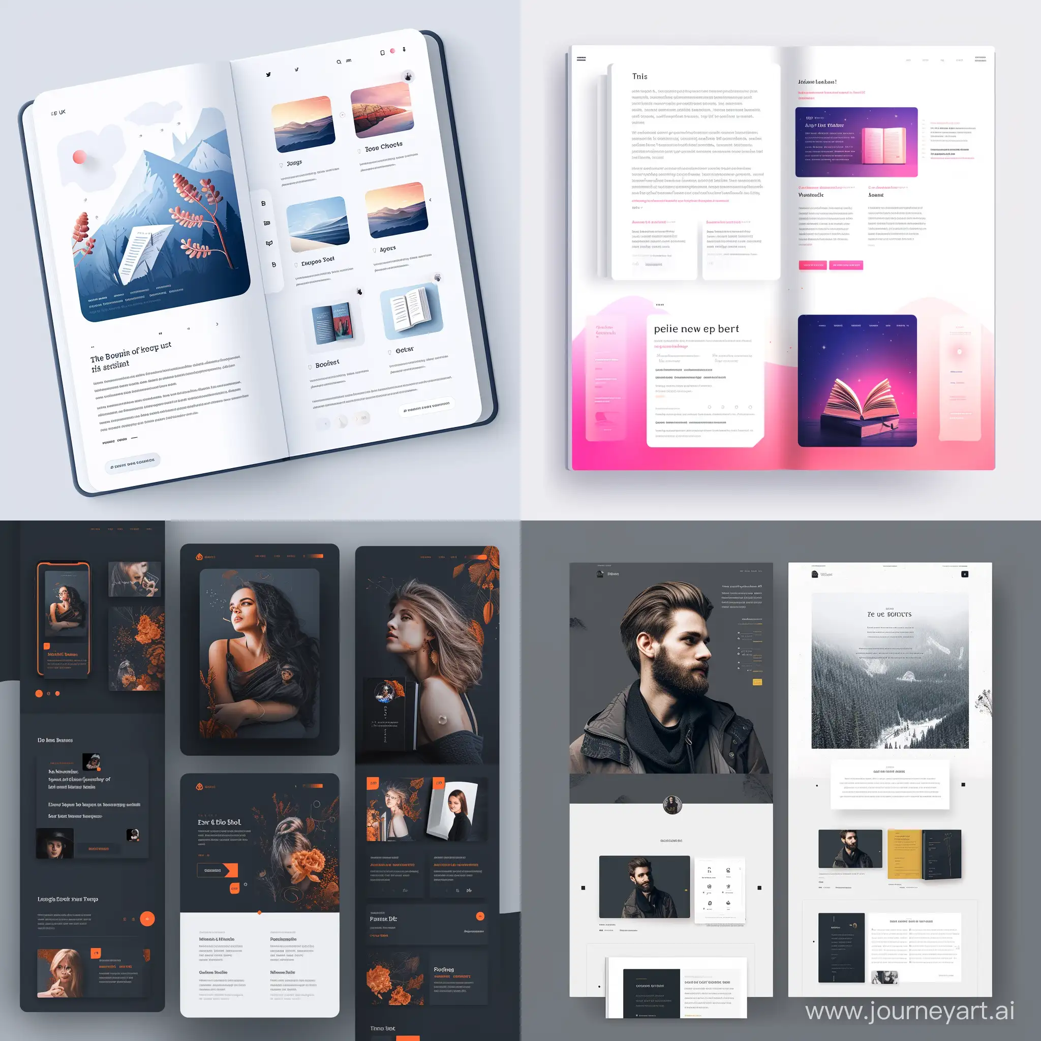 ebook website design, ui, ux, ui/ux, split screen, for book and summary, header, footer, website, responsive, simple website, looks like real pages, books, website --v 6 --ar 1:1 --no 80527