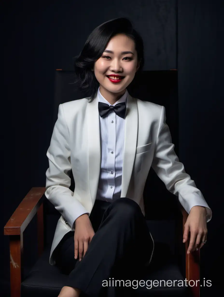 A happy Chinese woman sitting in a chair in a dark room.  She is wearing a tuxedo with an open jacket, a white shirt with a black bow tie and cufflinks, and black pants.  She has shoulder length hair and lipstick.