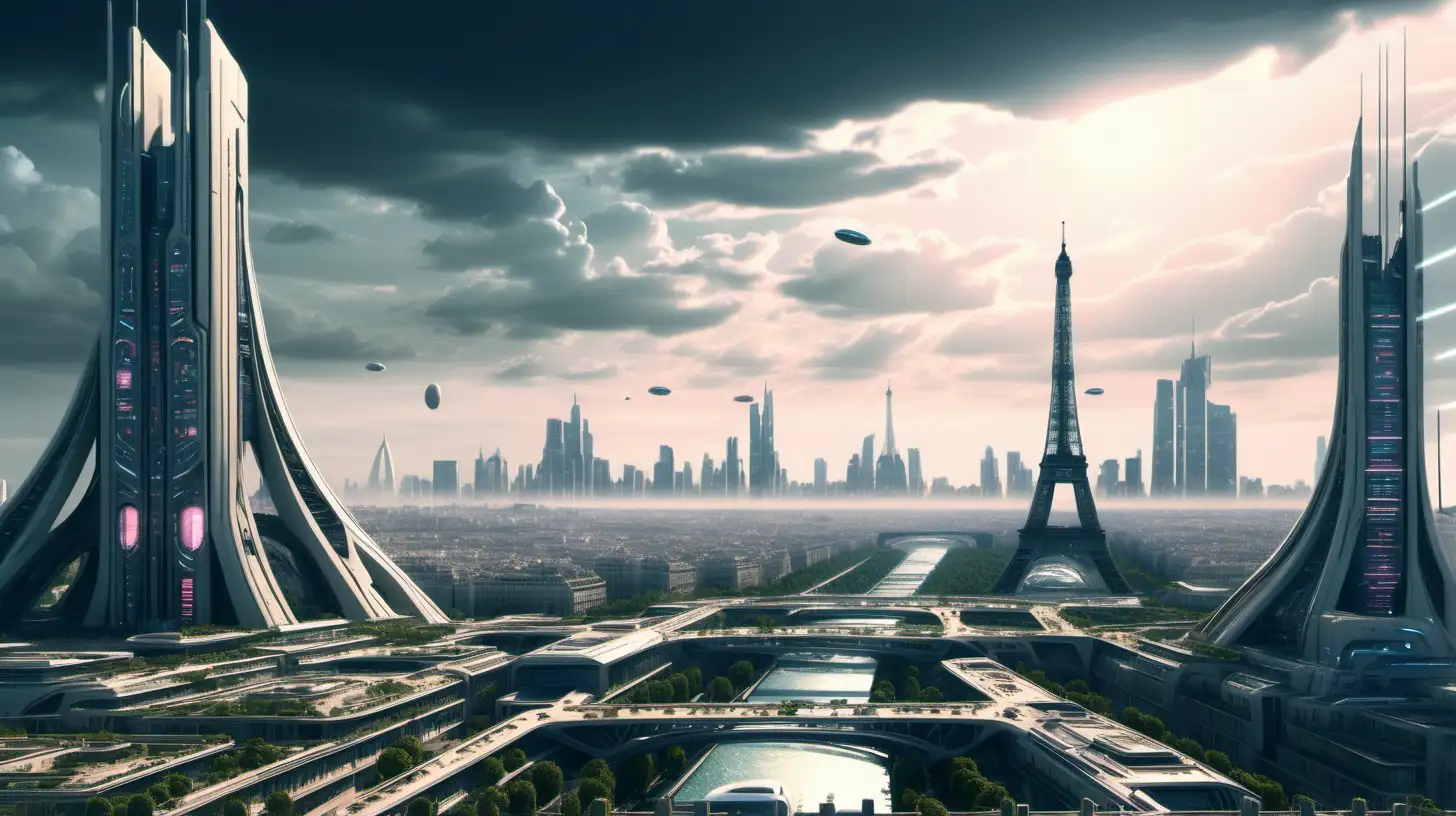 Futuristic Technological Paris Skyline with SciFi Modern Buildings