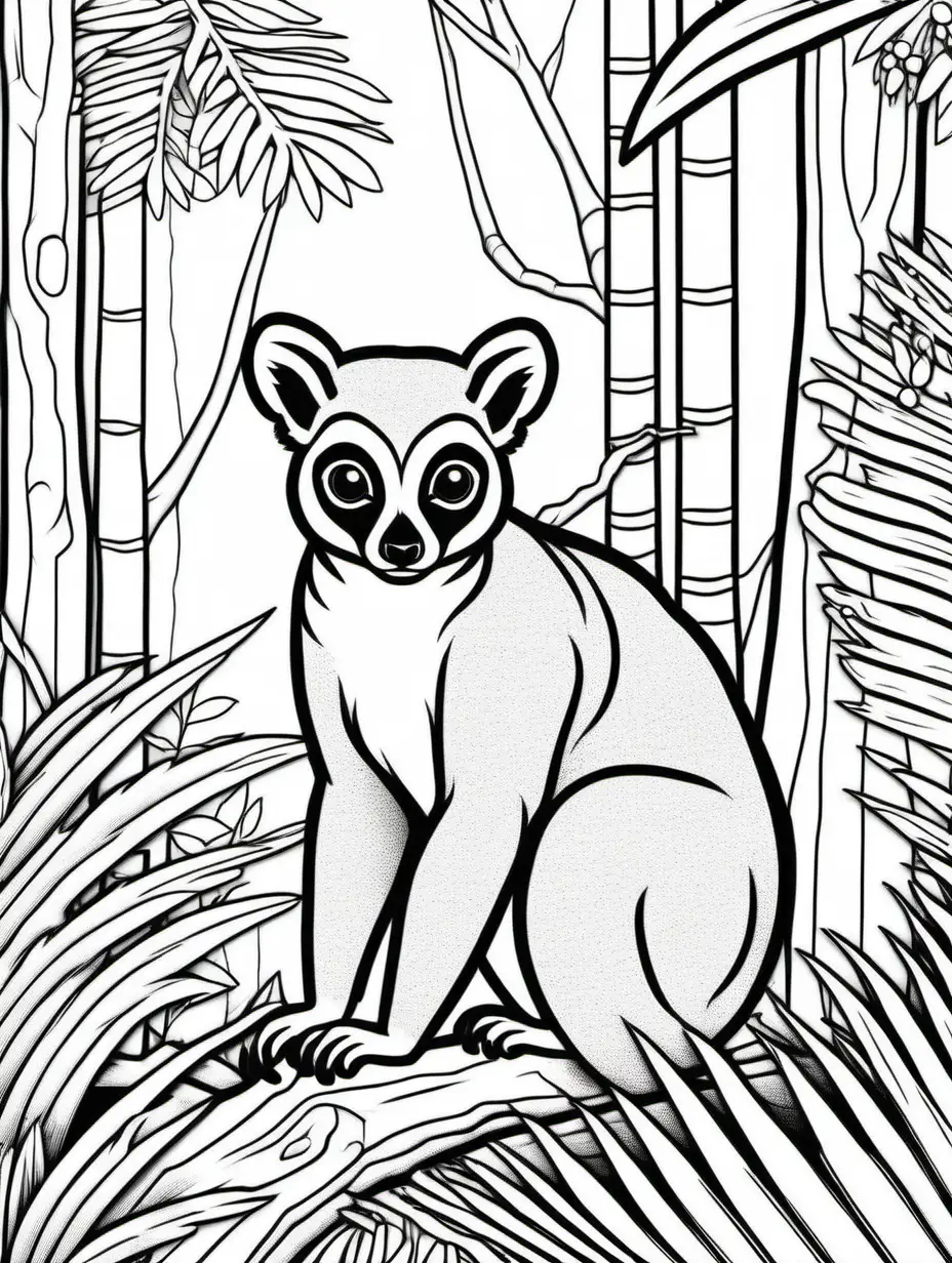 Coloring book pages, lemur in forest, no shading, low detail, thick lines