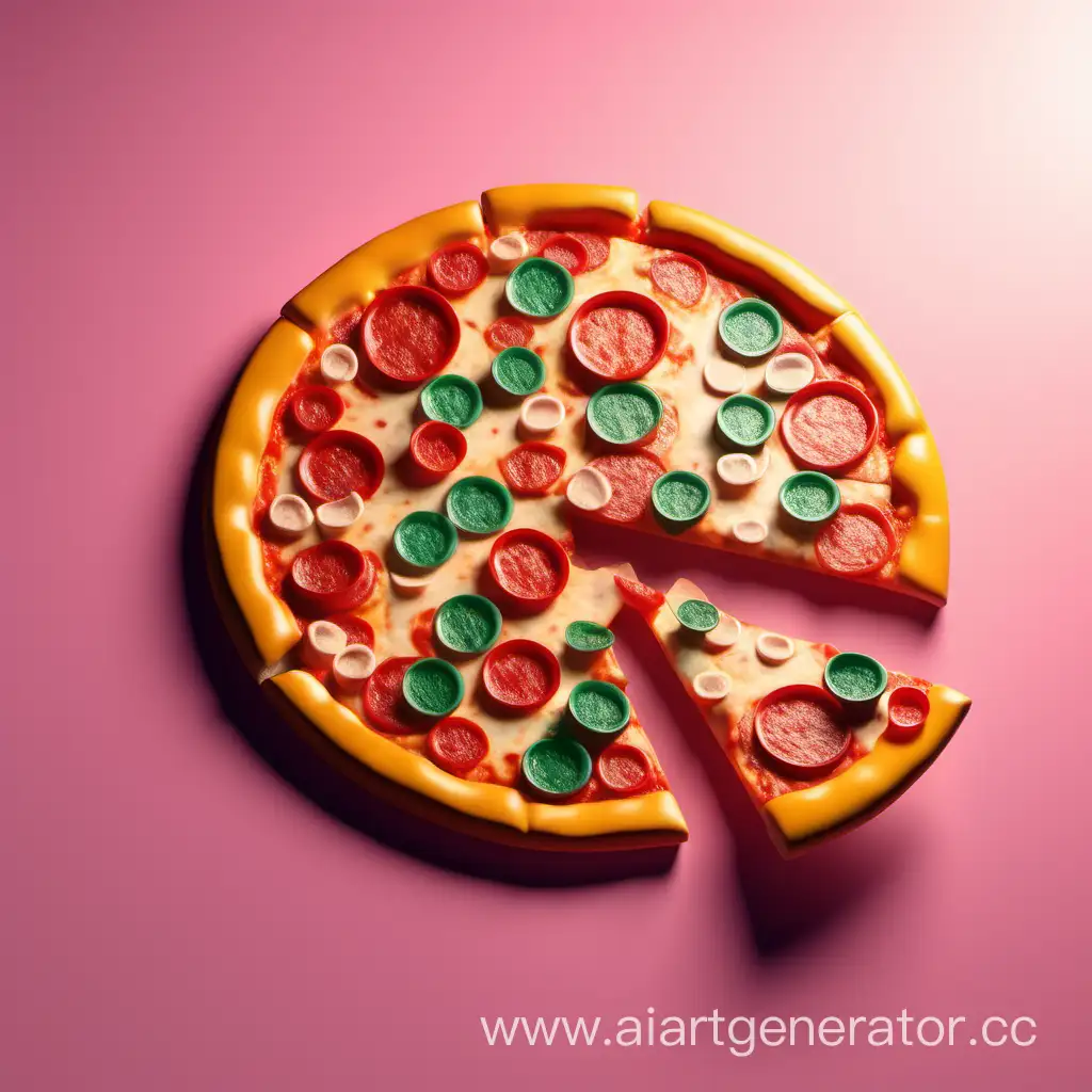 3d pizza plastic design modern bright colors minimalistic style minimum shadows dynamic composition, pizza margarita, colorfull shadows, clean image, pizza is flying, diffused light, sun light, light colours, clean colours