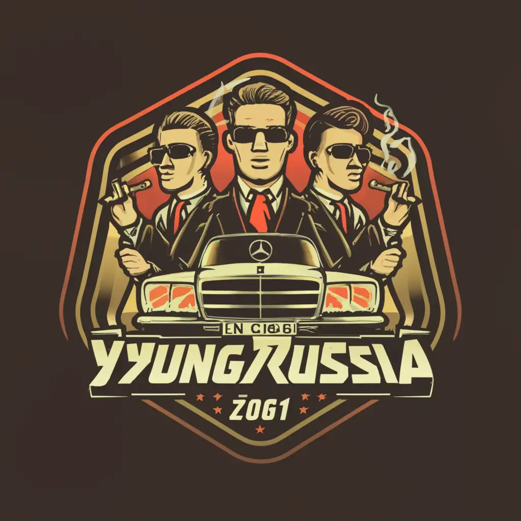 a logo design, with the text "YUNGRUSSIA_2061", main symbol: three guys in suits smoking a cigar, mercedes-benz w140, Moderate, clear background