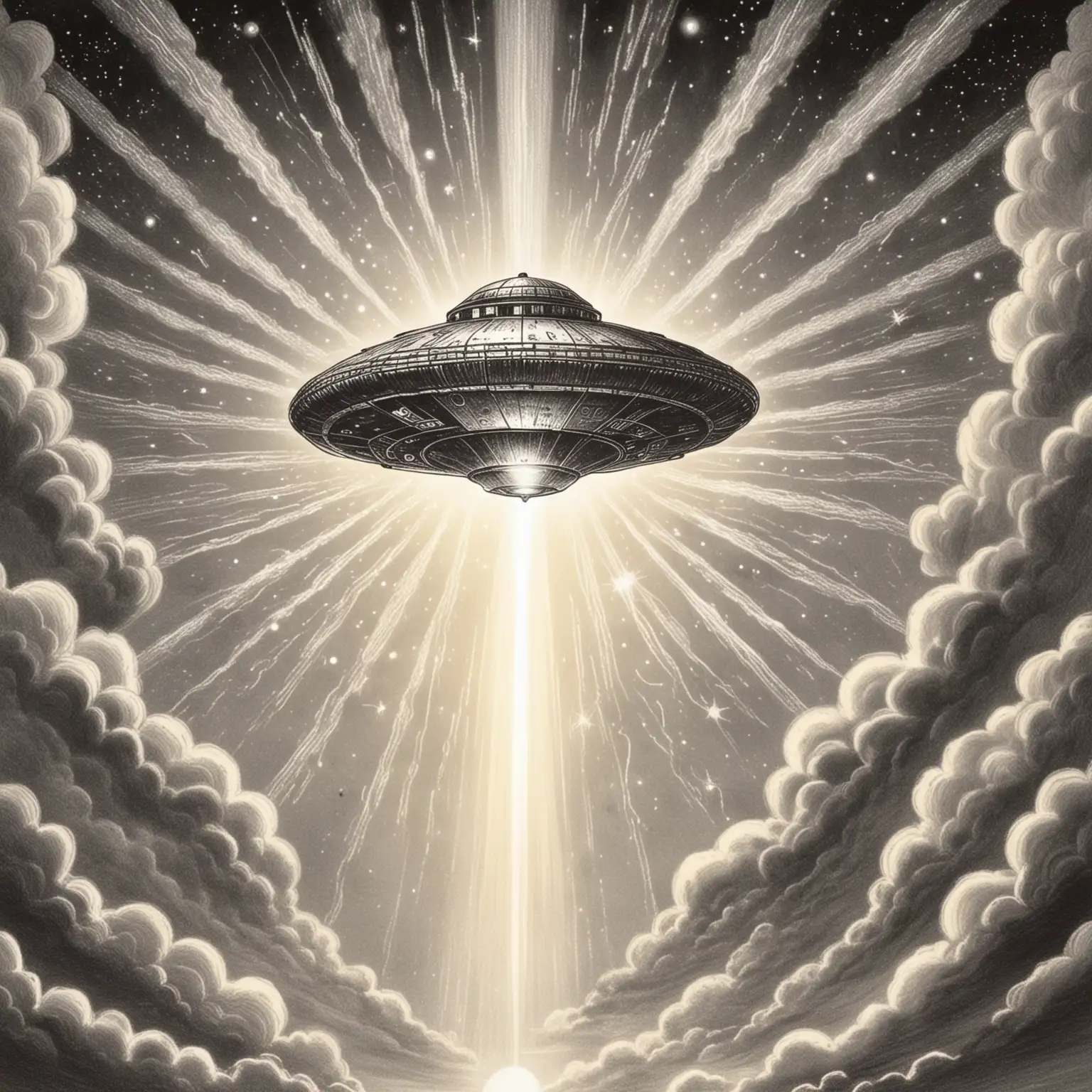 a hand drawn ancient ufo in the sky with rays coming down 