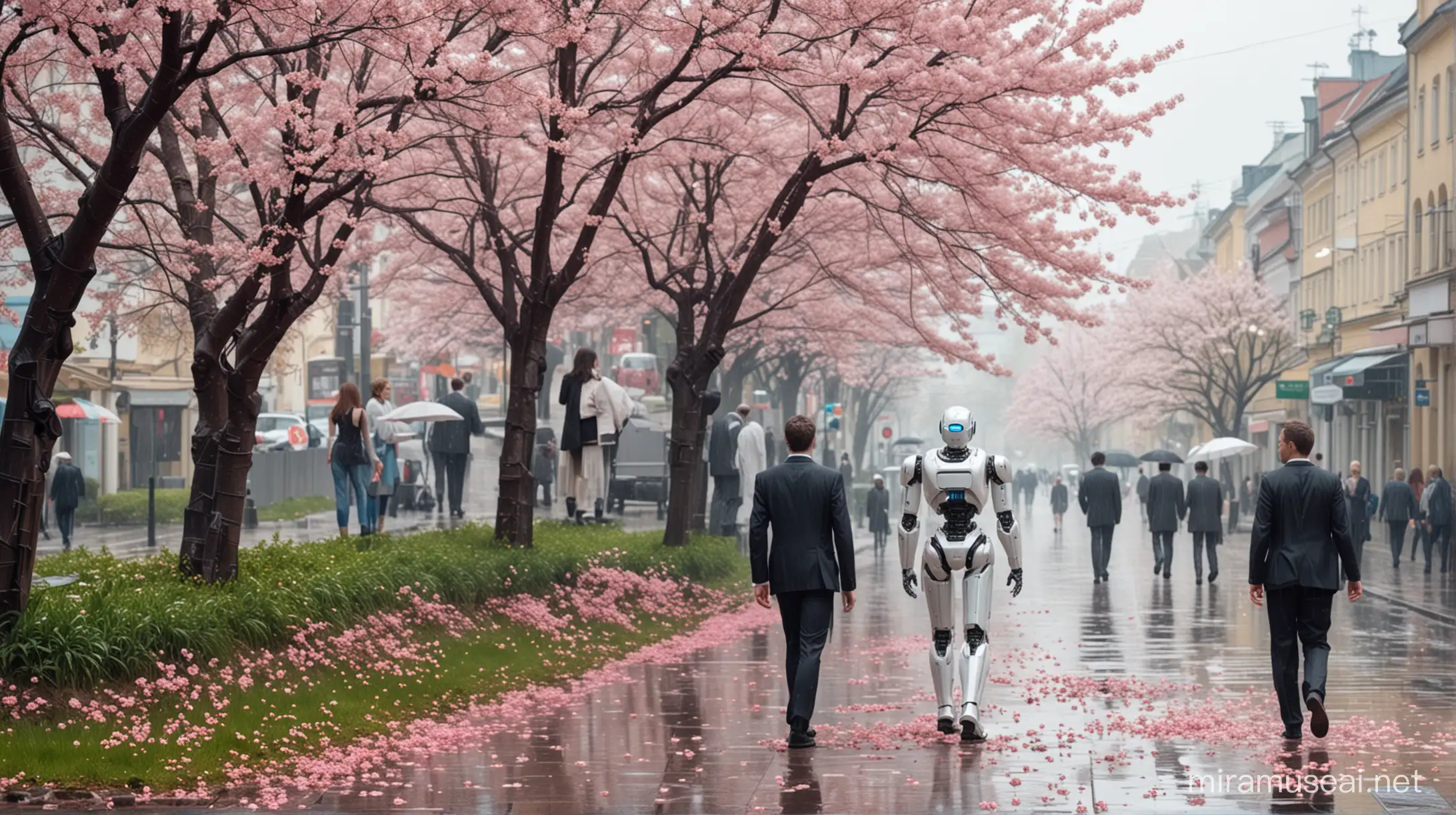 friendly artificial intelligence robots and lawyers (including men and woman, friendly robots) walking down together in vilnius while discussing about law, sunny spring day and  sacuras trees in a backround, but blossoms felt down already, and its raining too, digital art