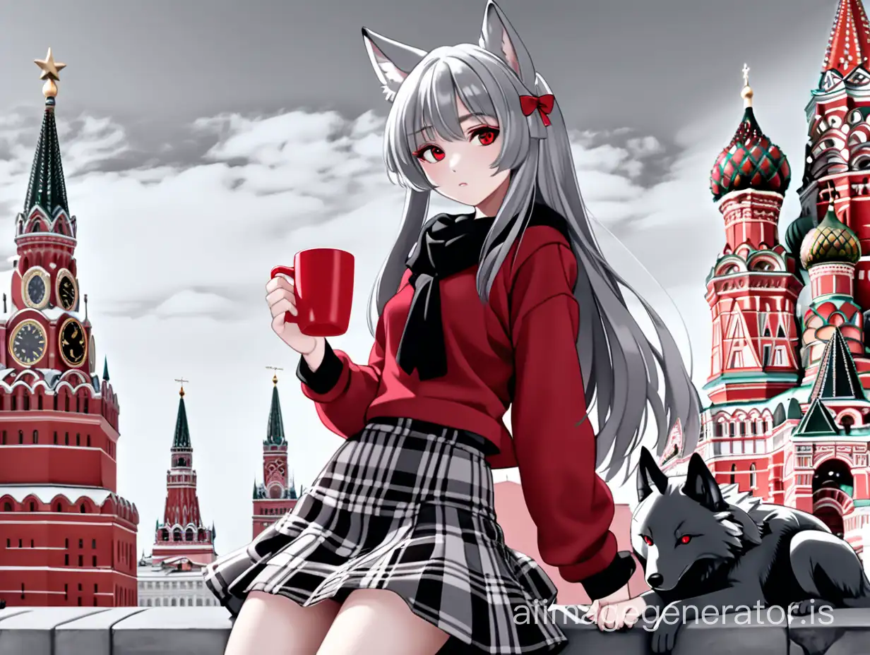 anime girl wolf VYuber character model in full height in red, white, and black tones, gray hair, black-gray ears, in a checkered skirt to the knees in red and black tones, wolf tail of gray color, art on the background of the Red Square in Moscow holding a cup of coffee, lightly sipping it