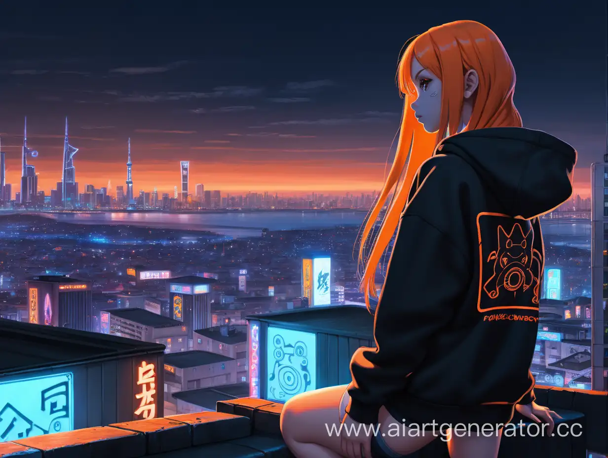 a girl with orange long hair without bangs looks at the city from the roof, stands, in full growth, in a black hoodie. neon signs, cyberpunk. in the Naruto style