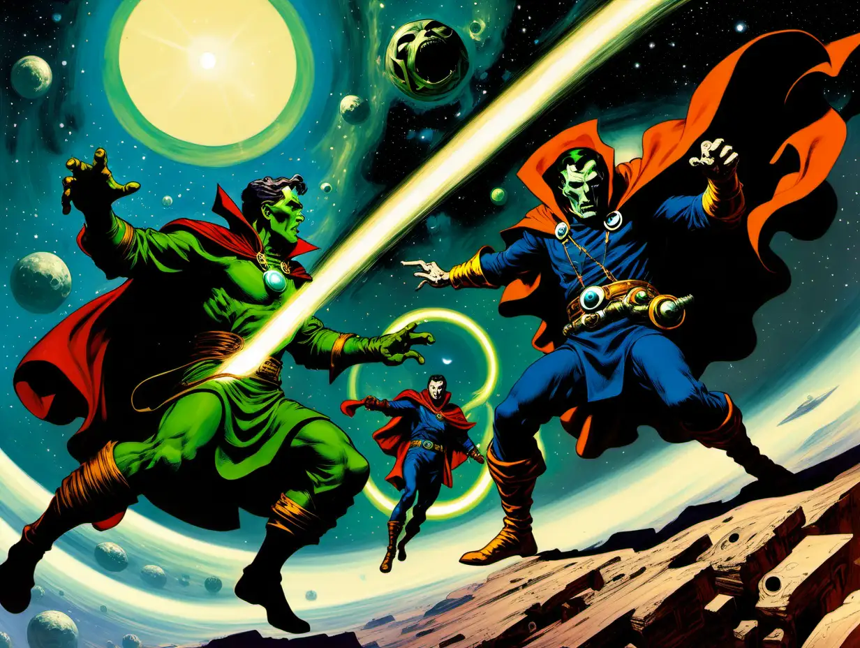 Doctor Strange fighting Doctor Doom in space Frank Frazetta style