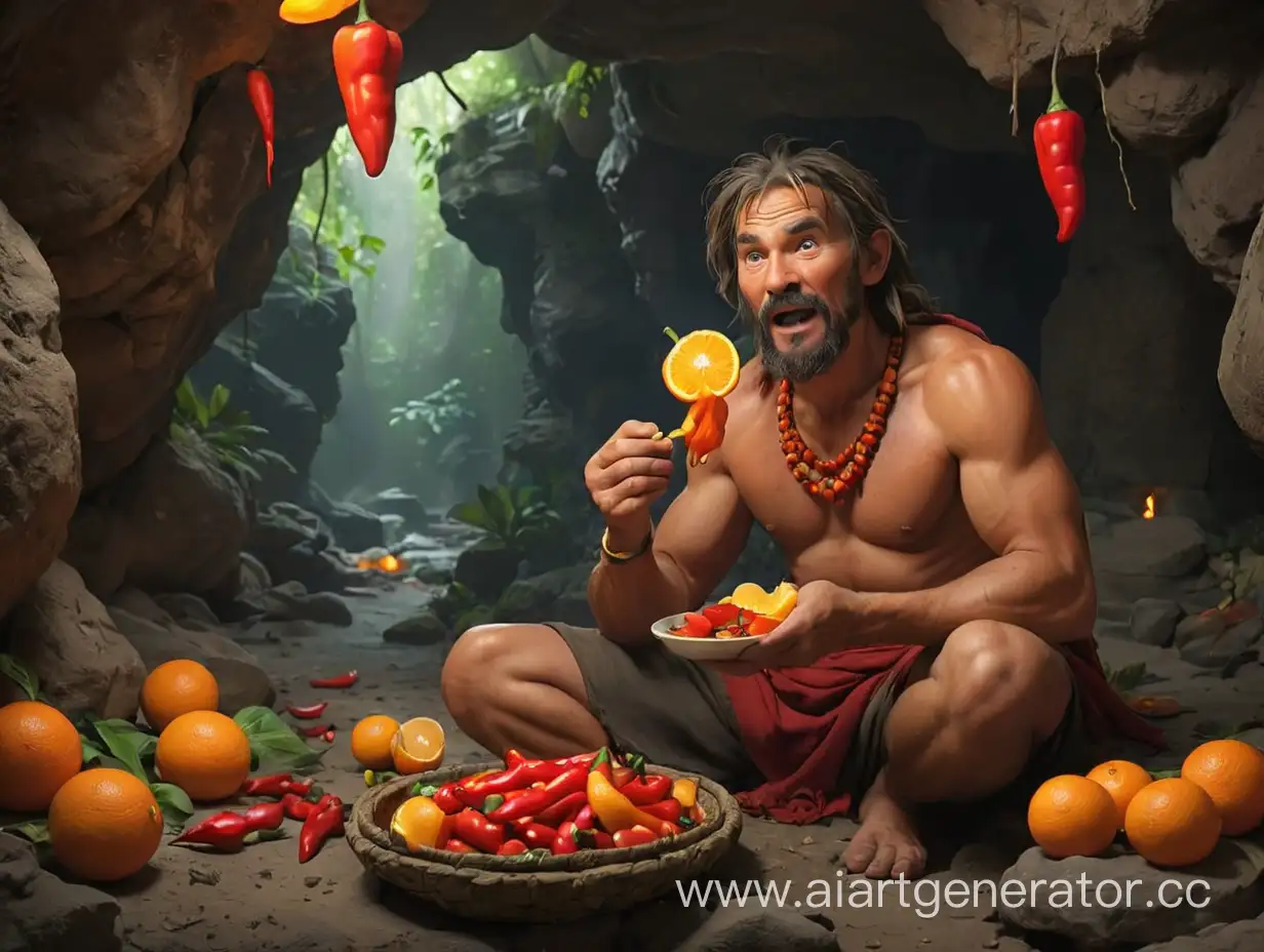 Древний человек кушает в пещере красный перец и апельсины