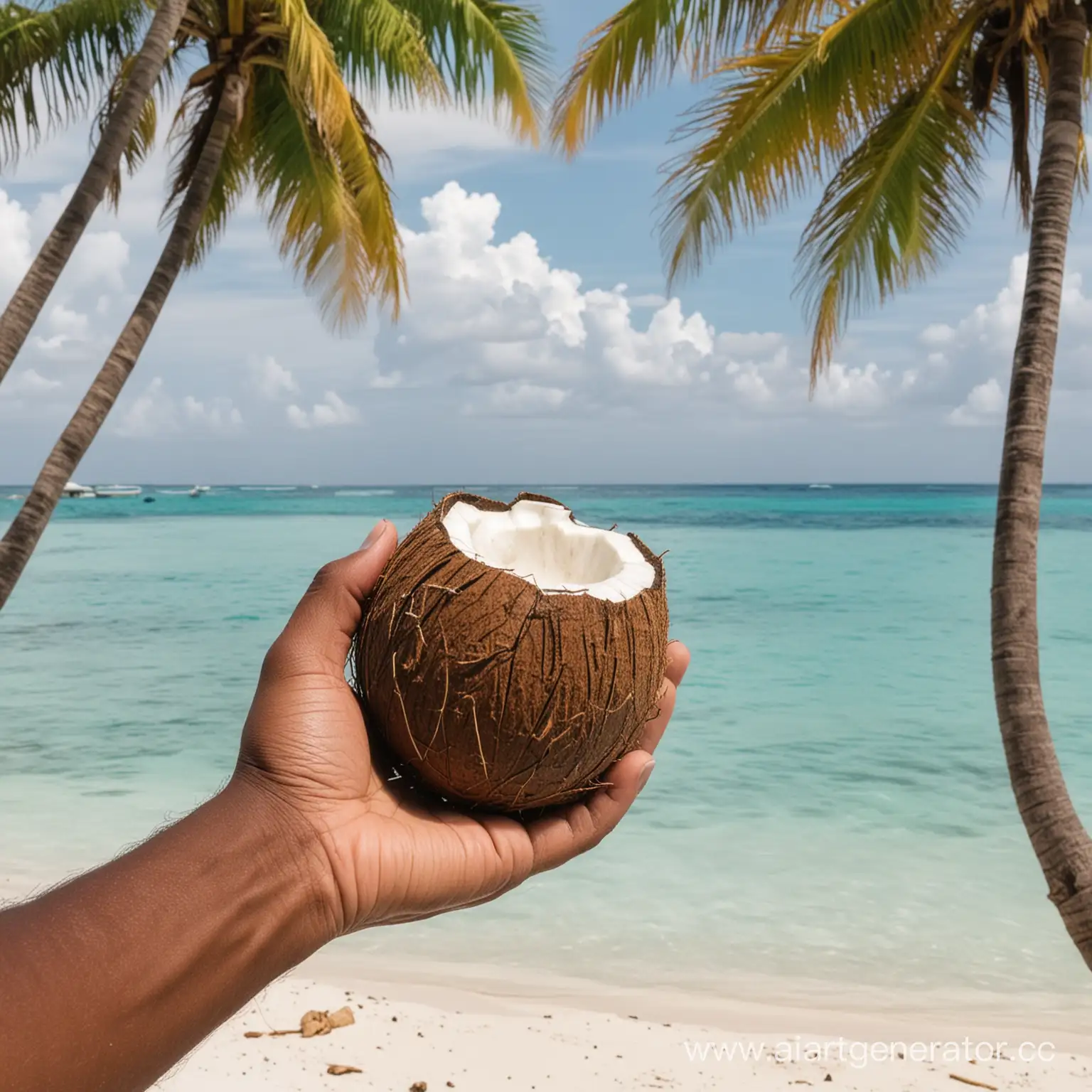 Male-Hands-Holding-Open-Coconut-on-Maldives-Shore