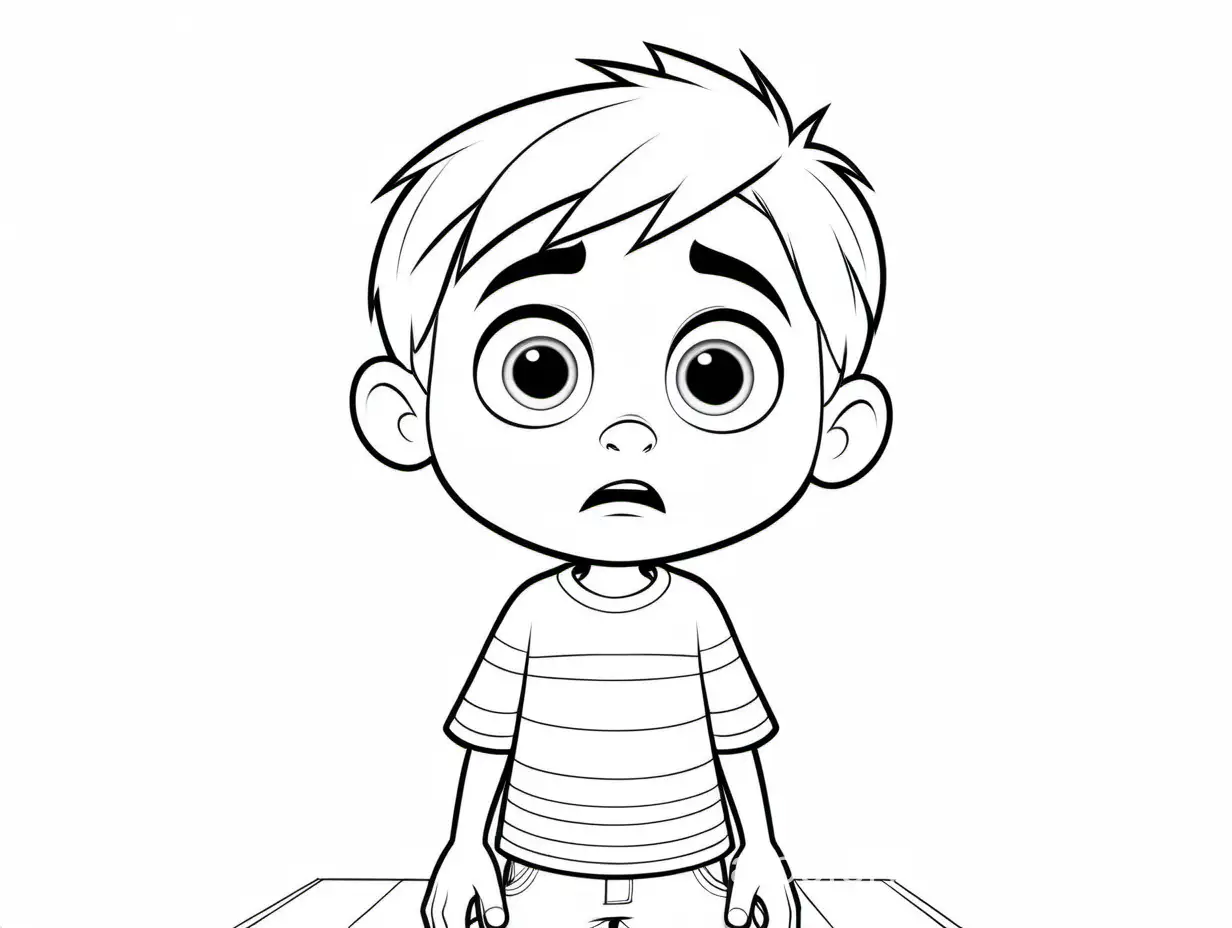 3D pIXAR AND DISNEY CHARACTER cute SMALL BOY SCARED, Coloring Page, black and white, line art, white background, Simplicity, Ample White Space. The background of the coloring page is plain white to make it easy for young children to color within the lines. The outlines of all the subjects are easy to distinguish, making it simple for kids to color without too much difficulty