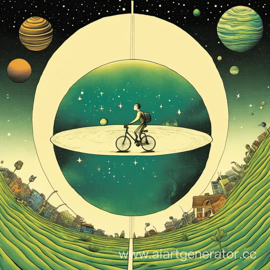 Книжка на обложке которой изображена маленькая планета и человек на велосипеде