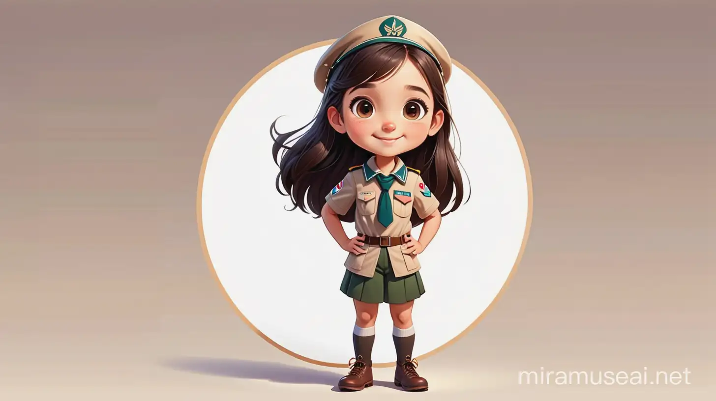 a happy female kid have 11 years old , have a medium long dark brown soft hair , big dark brown eyes, round face
 , light skin , scout uniform, show the full body of her. cartoon type .