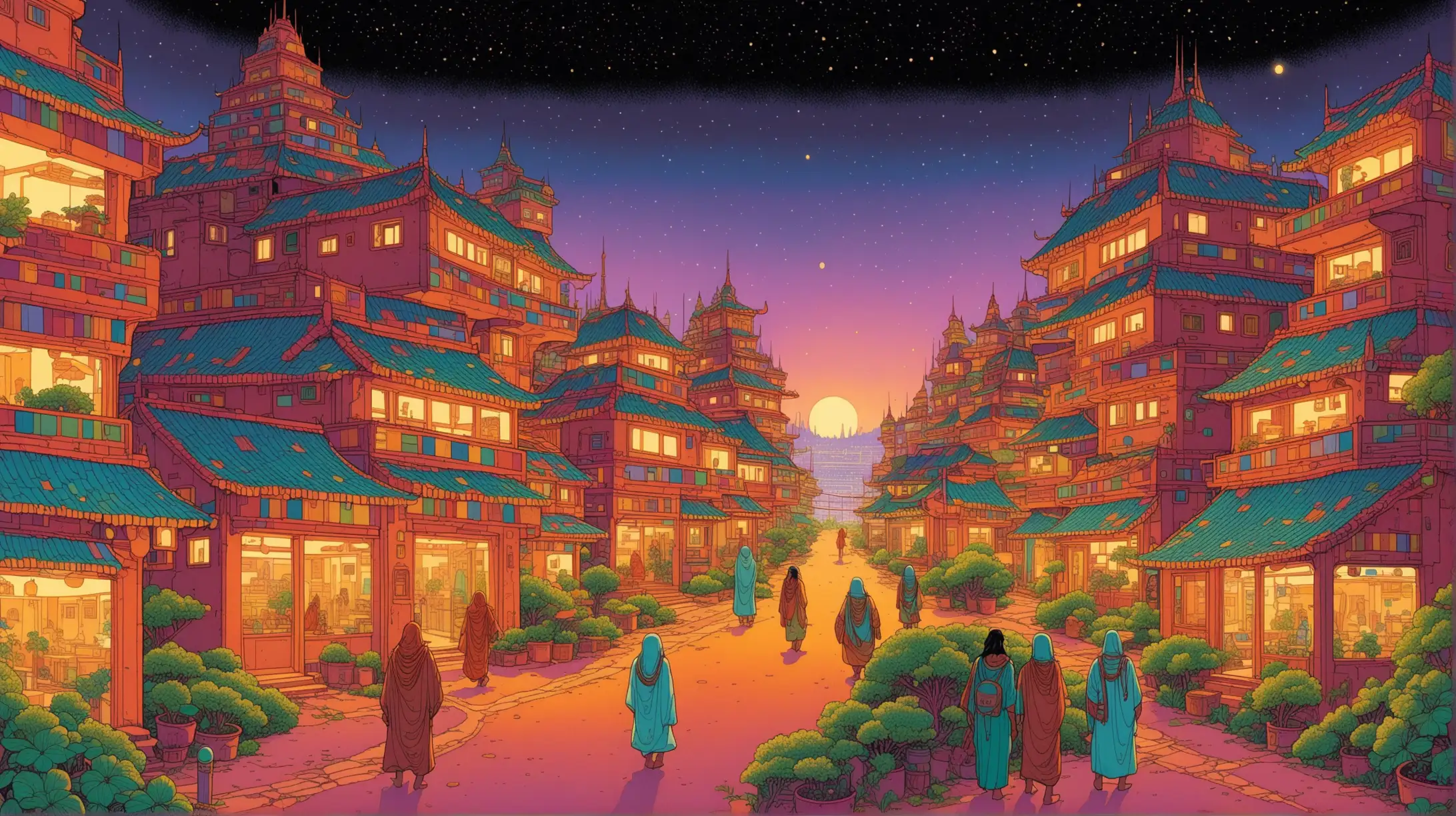 Serene Alien City in a Magical Garden Embroidered Night Scene by Moebius