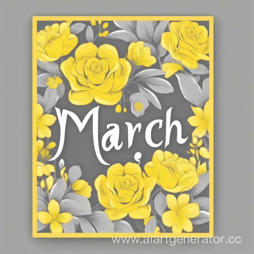 Открытка, 8 марта, в желто-серых цветах.