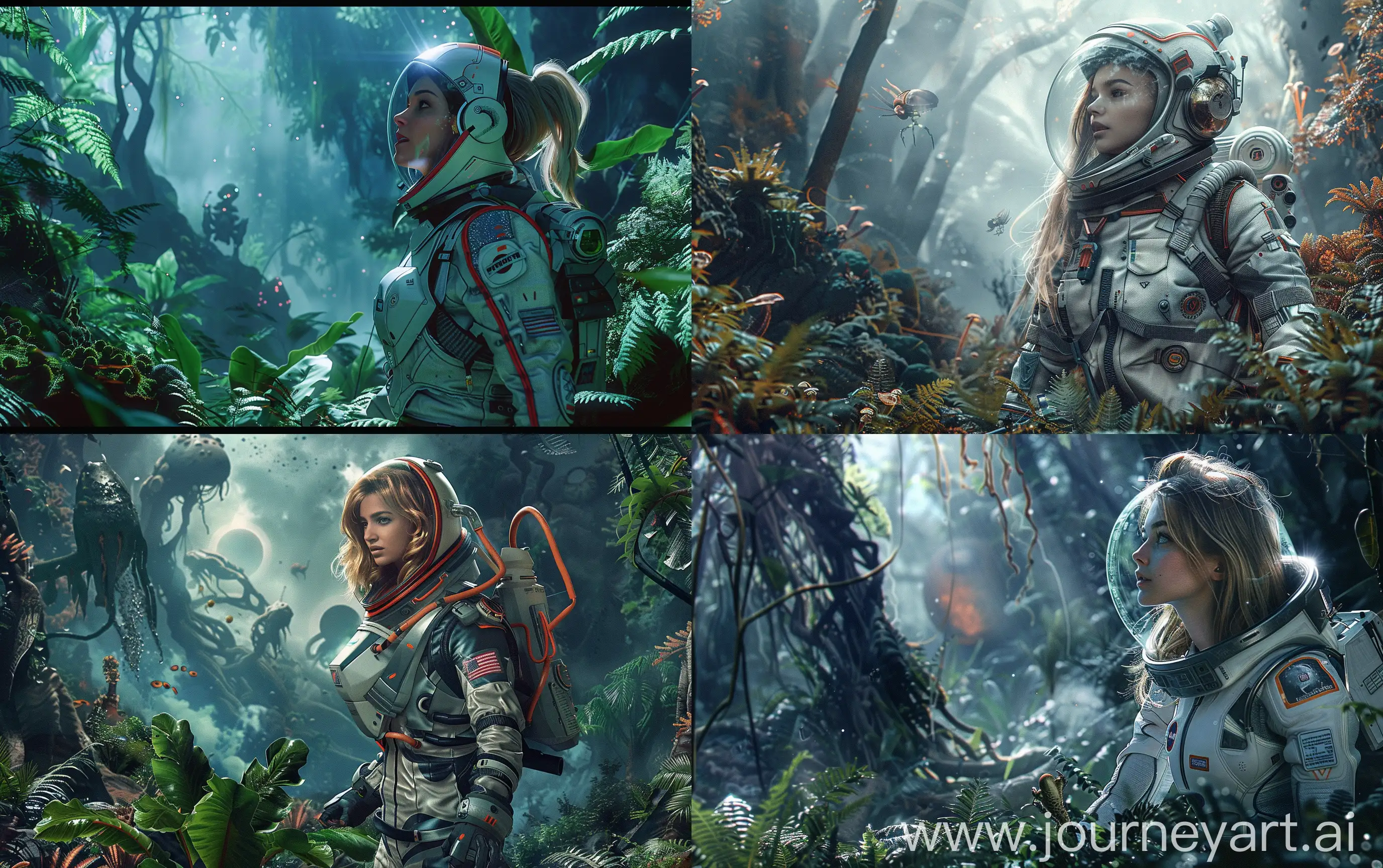 A beautiful fair hair female in future spacesuit exploring a mystierious planet in a fantastic forest with strange plants, fantastic friendly life forms at the distance, atmospheric effects, super realistic, cinematic --ar 16:10