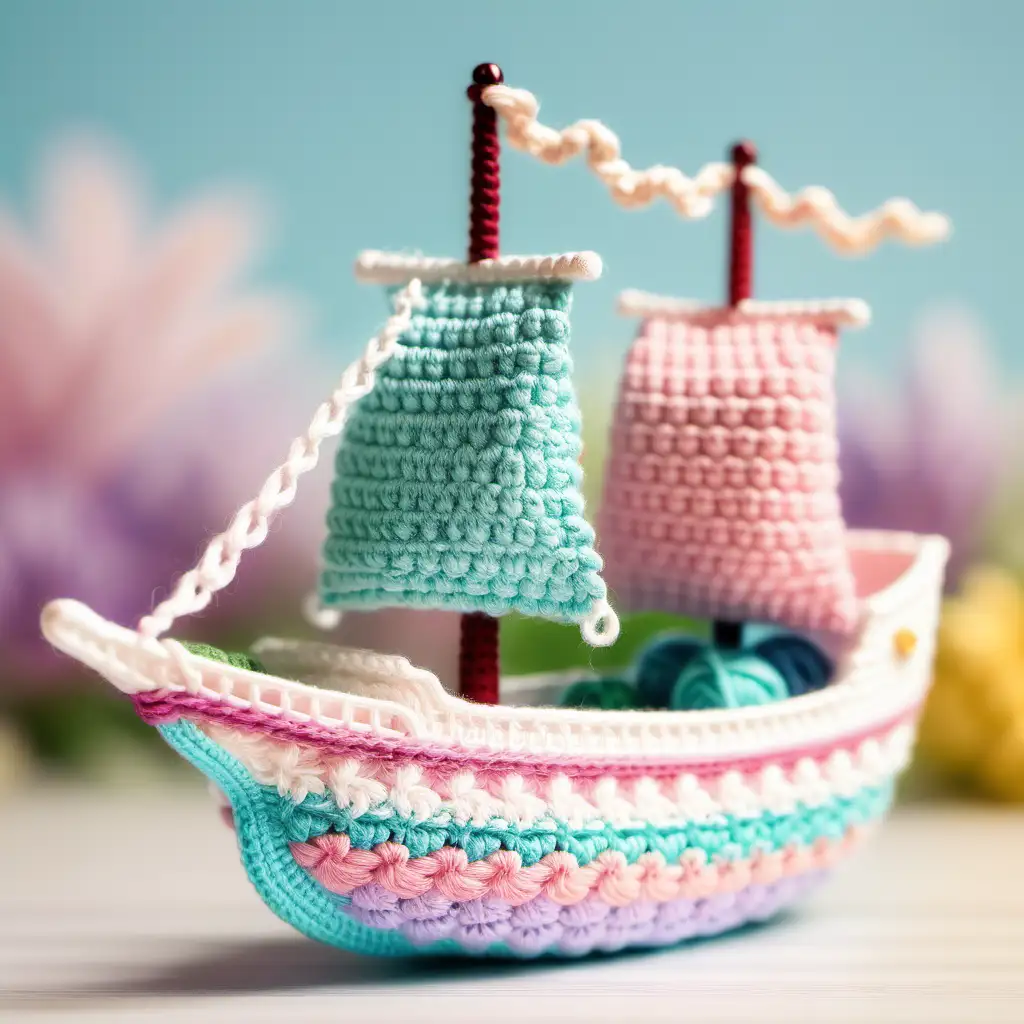 Macro shot of a crochet version of [ship], crochet version, spring time, pastel colors, adorable, magical, 8k, very detailed, high resolution