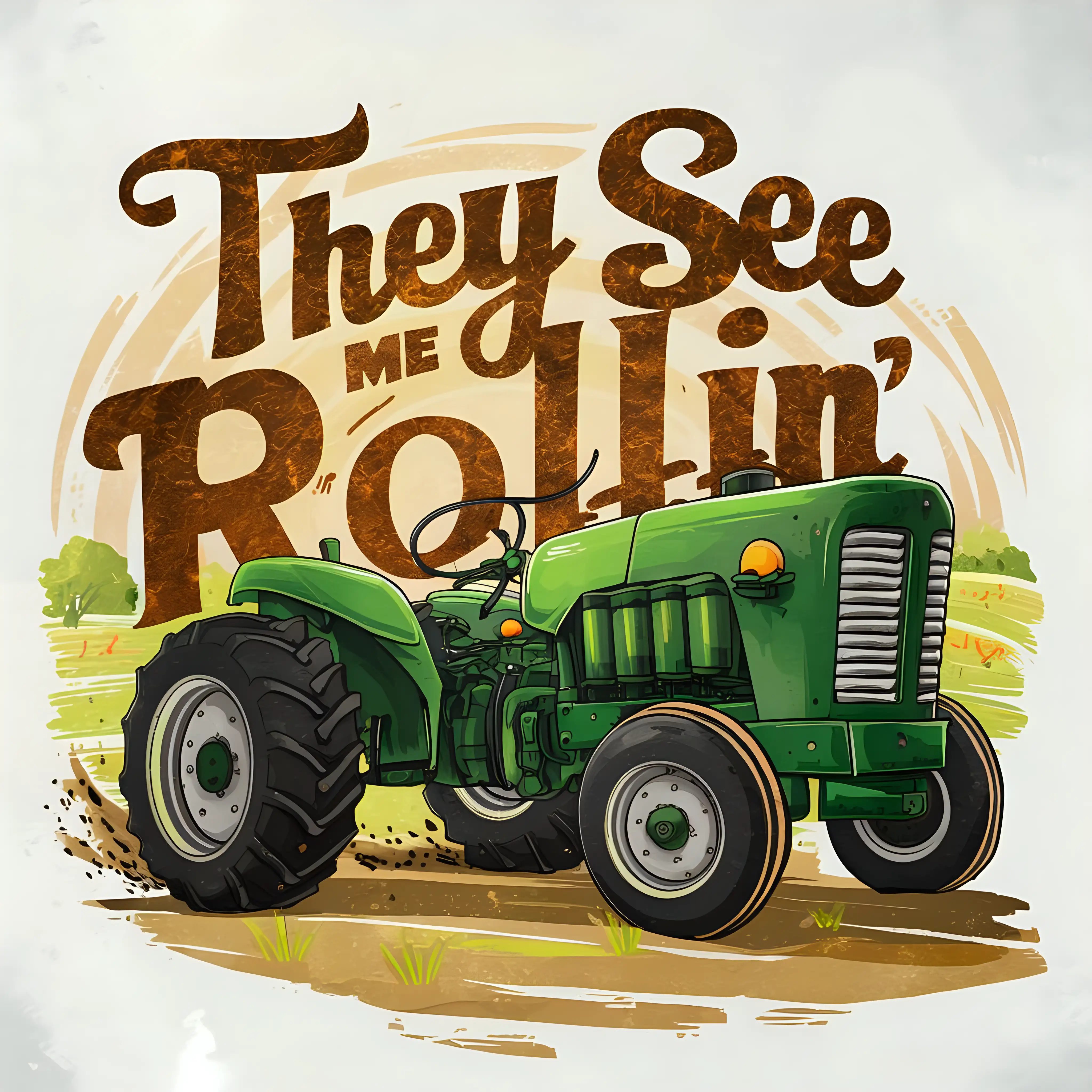 vector art, " They See Me Rollin " typography, Rustic style font, green tractor