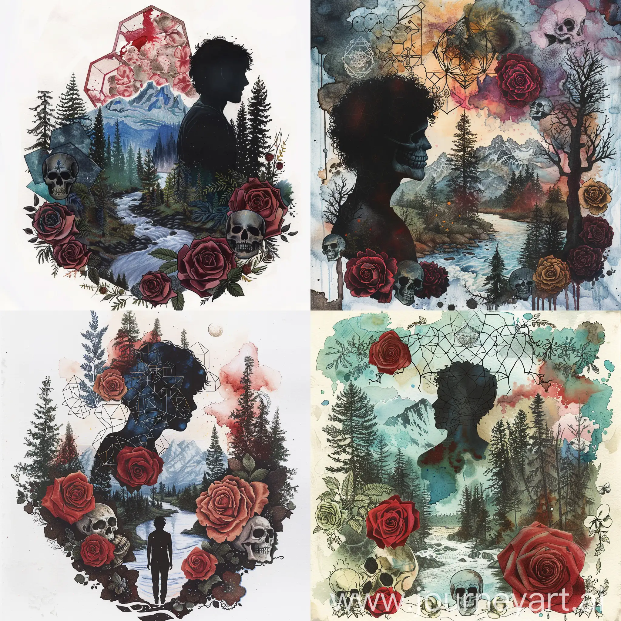 Watercolor and pencil technique, a collage of roses, skulls, intricate geometric shapes and final fantasy play, silhouette of a young man with trees, with river and mountains in the background. Use an illustrated style.