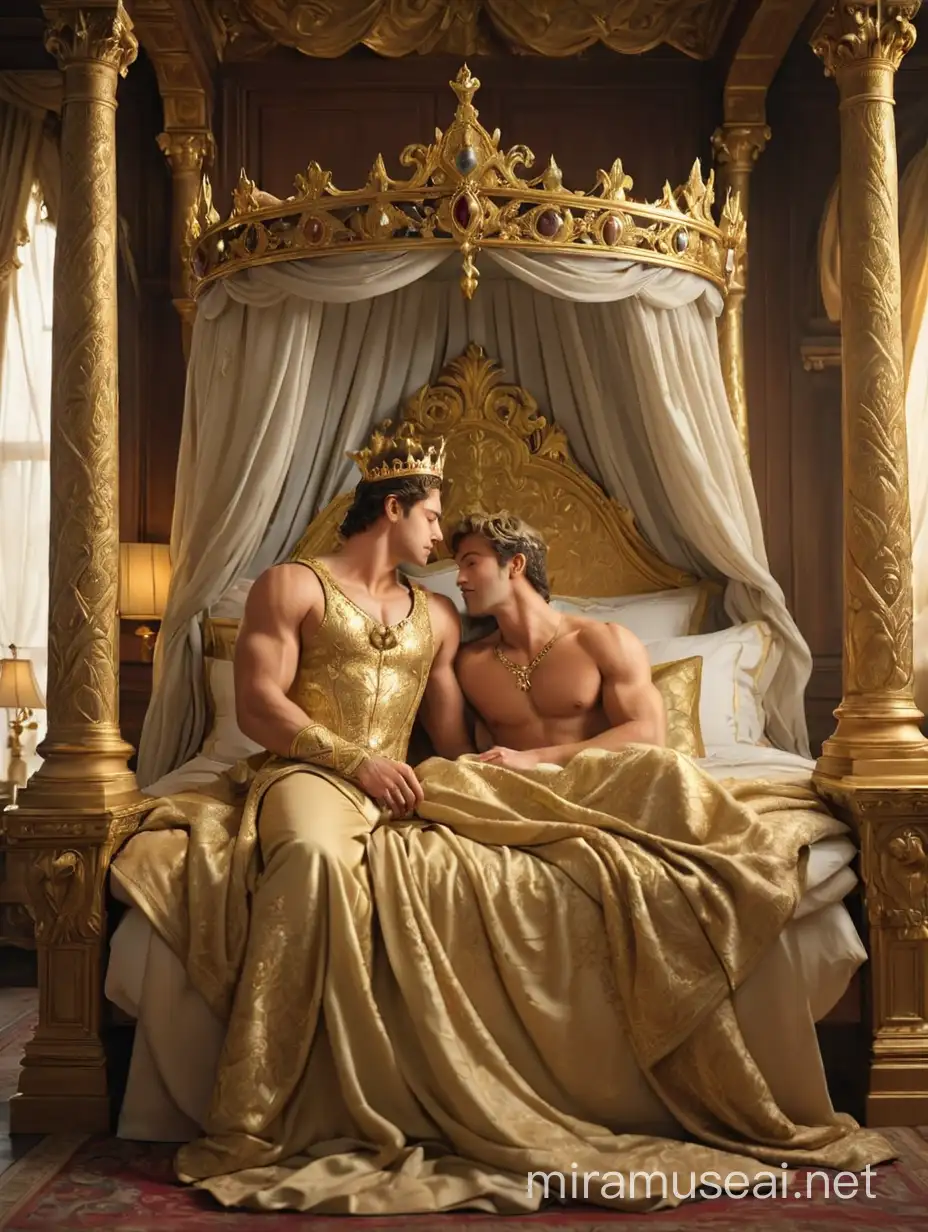 view of a large four-poster bed where a beautiful prince with a muscular body and a crown on his head sleeps, on the edge of the bed sits a second prince in a beautiful golden decorated dress who is about to kiss the sleeping prince
